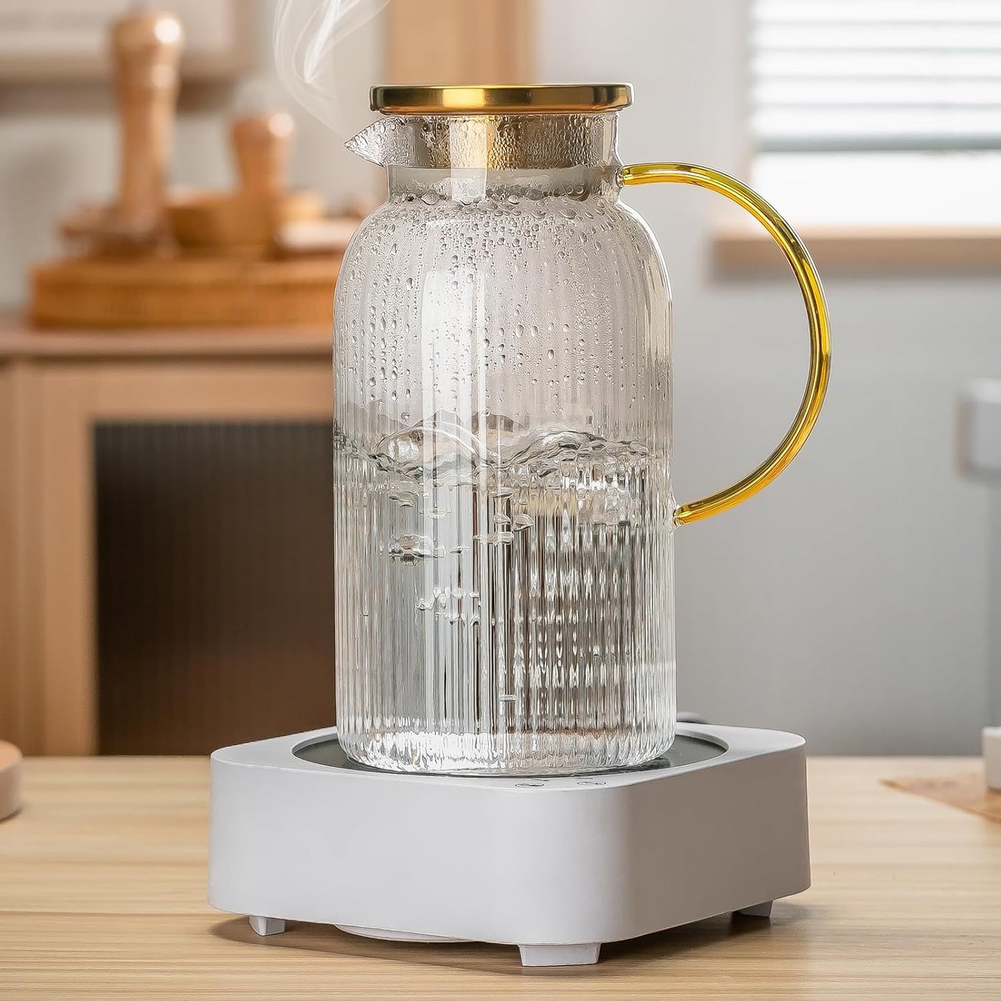 Glass Pitcher with Lid, 68 oz/2 Liter Classic Vertical Stripes Water Pitcher,Glass Water Carafe for Cold Brew, Coffee, Lemonade, Iced Sun Tea,Beverage,Milk, Heat Resistant