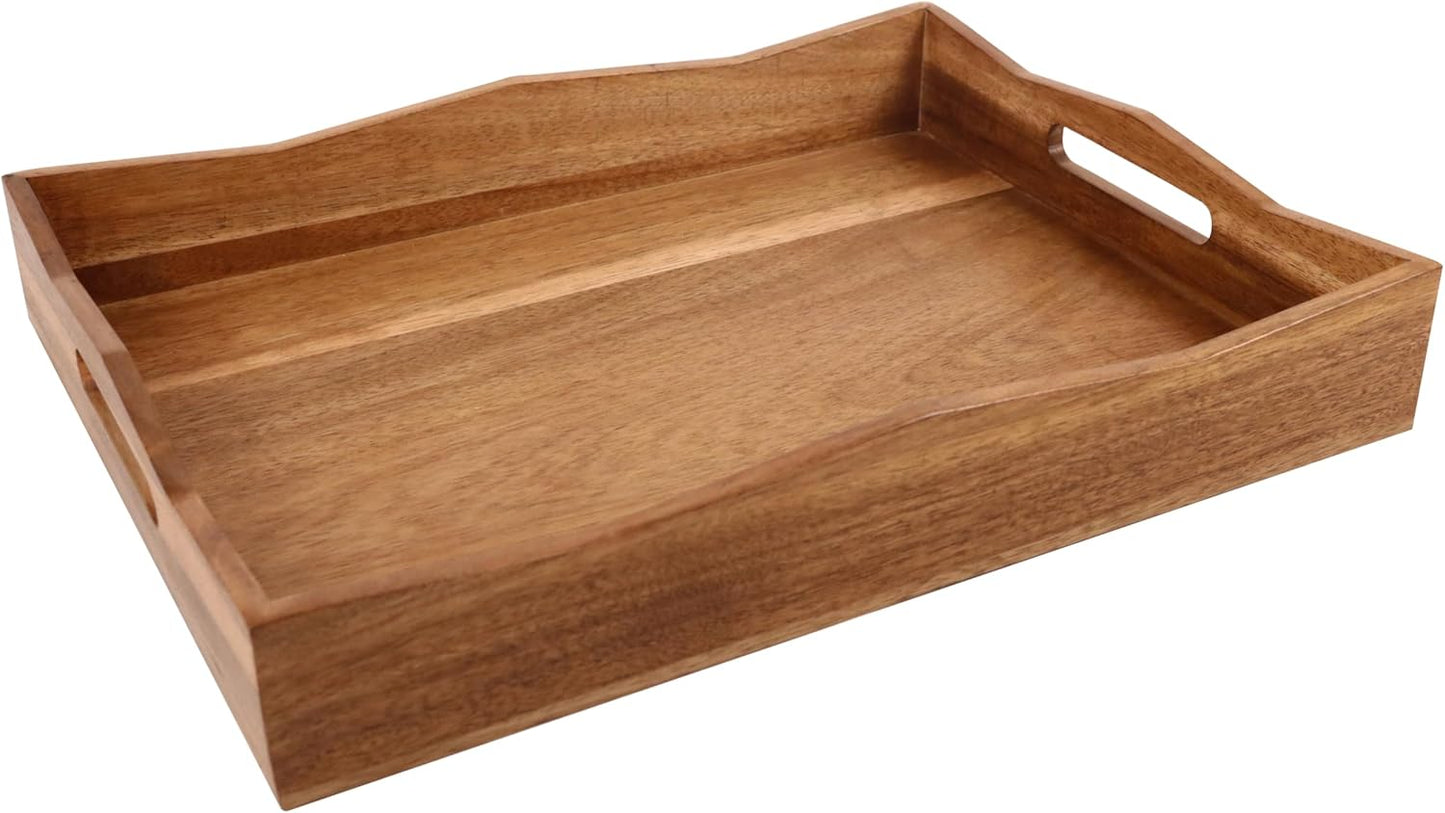 Acacia Wood Serving Tray with Handles,16.5x12.6inch Perfect for Breakfast, Lunch, Dinner, Food Snacks Drinks for Coffee Table,Decorative Ottoman Tray for Living Room Kitchen, Bedroom