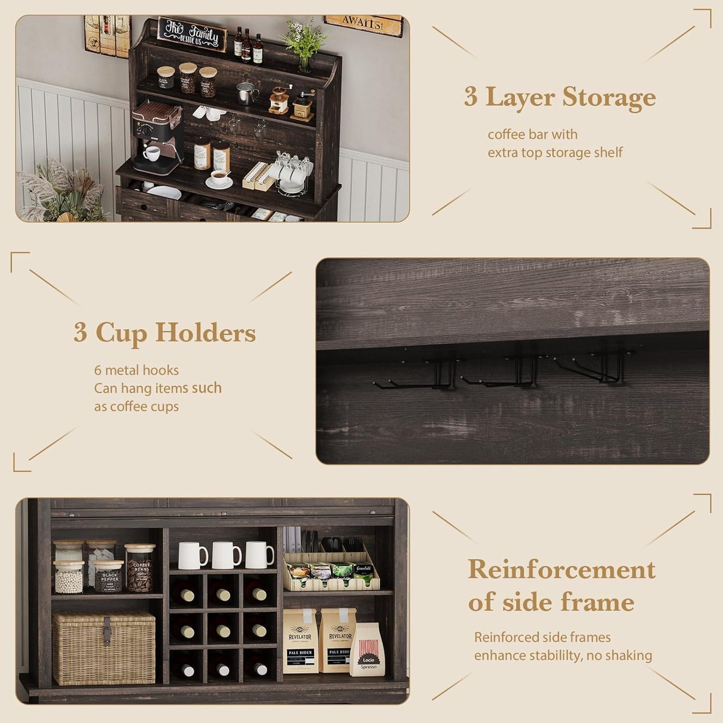 63 Inch Tall Coffee Bar Cabinet with 3-Tier Storage, Kitchen Hutch with 3 Drawers, Farmhouse Coffee Bar with 9 Racks & 3 Glass Holders, Wine Bar Cabinet for Living Dining Room, Oak