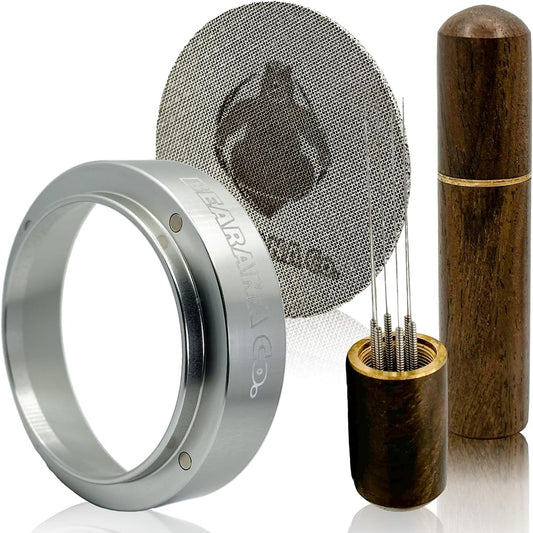 58mm Coffee Espresso Tools Accessories 3x Set┃Dosing Funnel Ring, WDT Needle Distributor, Stainless Steel Puck Screen Filter┃Barista Set for Coffee Lovers┃Gift Idea (58mm)