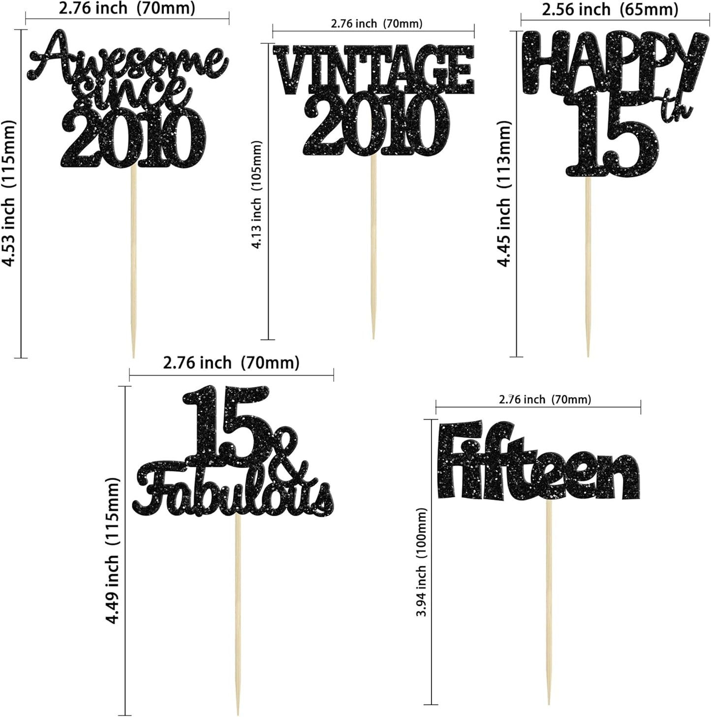 Gyufise 30Pcs Vintage 2010 Cupcake Toppers Glitter Sweet 15 Happy 15th Cupcake Picks Happy 15th Birthday Cake Decorations for Happy 15th Birthday Fabulous Anniversary Party Supplies Black