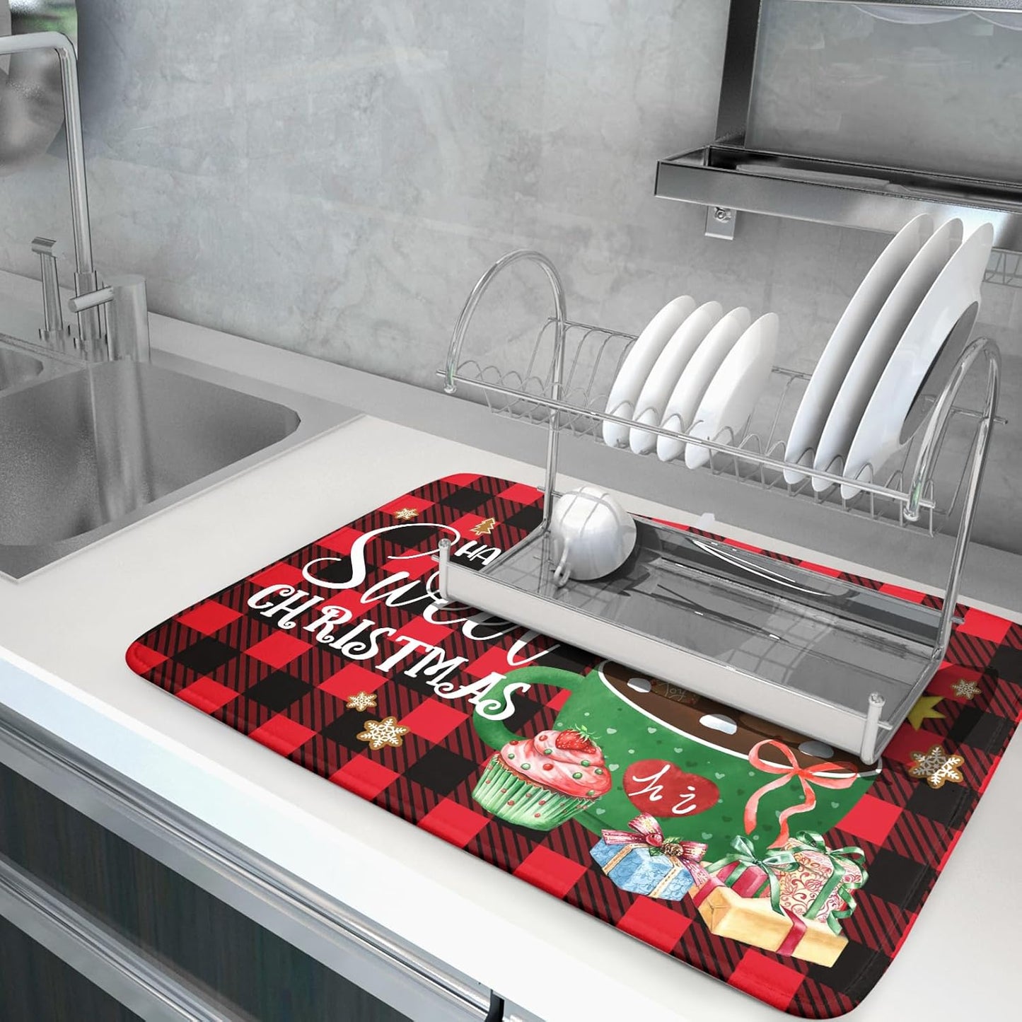 Giwawa Gingerbread Man Dish Drying Mat Large 18x24inch Have A Sweet Christmas Red Black Buffalo Plaids Dish Drainer Mats Winter Hot Cocoa Cookies Fast Drying Dish Drying Pad for Kitchen Counter