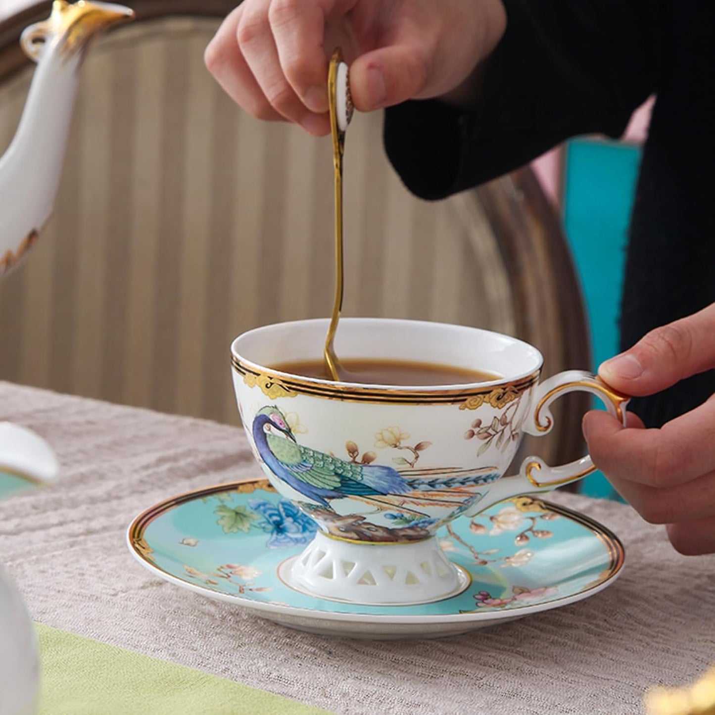 ACMLIFE Bone China Tea Cup and Saucer Set - Bone China Tea Coffee Cup and Saucer Set for 1 Luxury Fine China Tea Cup Set for One Blue Vintage Teacups and Saucers for Women Tea Party or Gift Giving