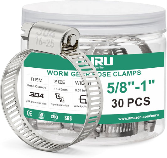 30PCS Hose Clamps Stainless Steel Adjustable 5/8"–1"(16-25mm) Worm Gear Hose Clamp, Heavy Duty Metal Small Hose Clamps for Automotive, Pipe, Radiator Plumbing, Fuel Line