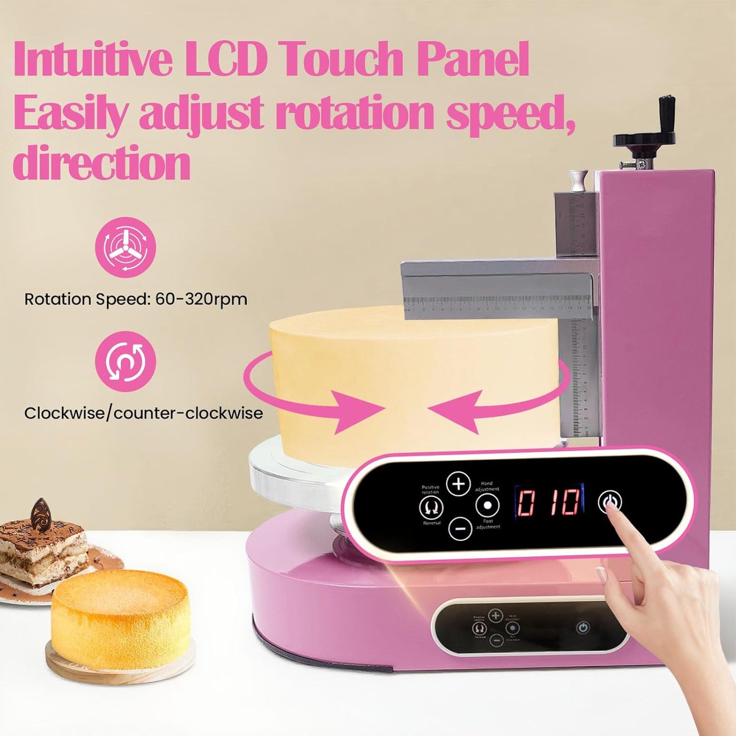 Cake Decorating Machine 200W Automatic, Tabletop Cake Cream Frosting Machine, Cream Smooth Coating Decoration Machine with LCD Display Type, Use for Cake Shops, Dessert Shops, Households (Pink)