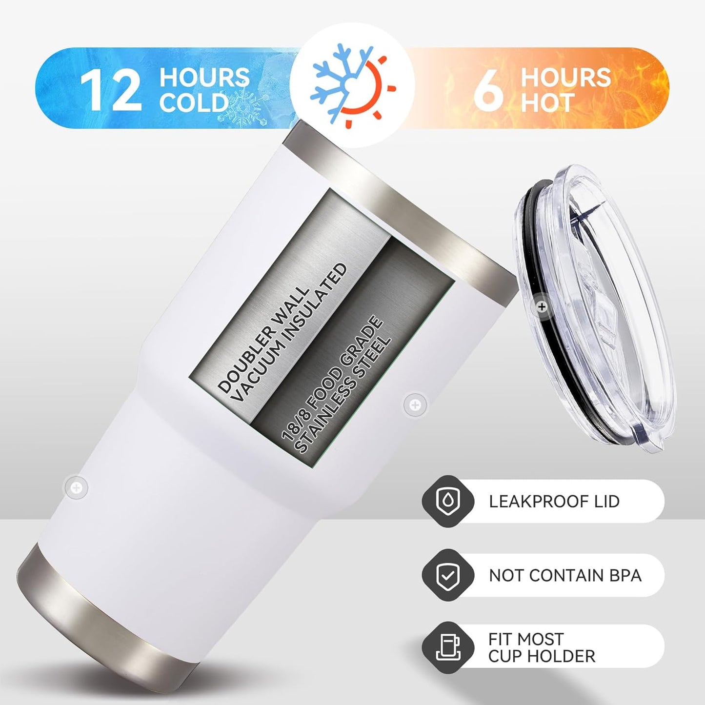 30 oz Tumbler with Lid Stainless Steel Tumblers Vacuum Insulated Cup Reusable Powder Coated Travel Mug Double Wall Leak Proof Portable Cups Keep Cold Drinks for 12 Hours, White, 1 Pack