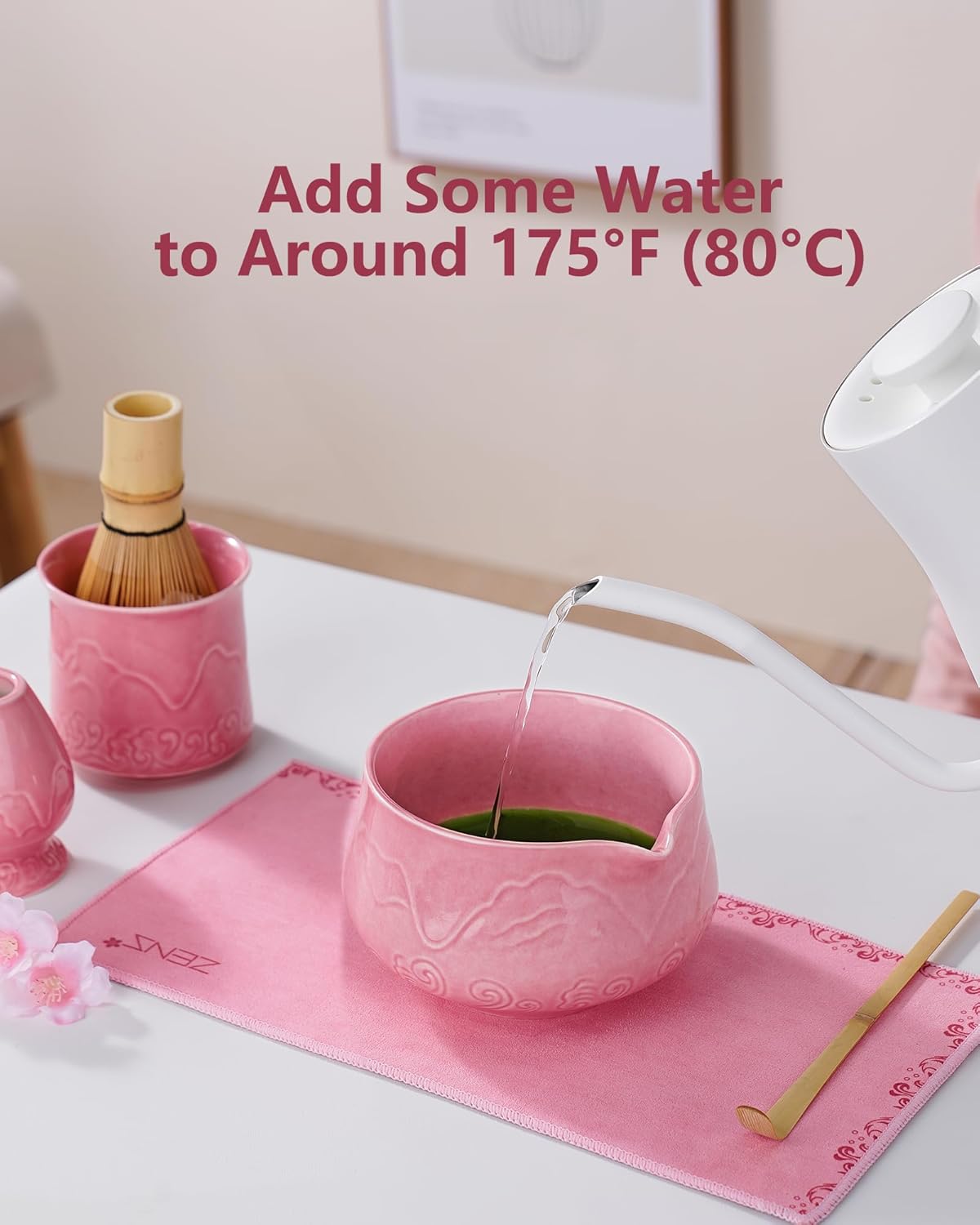 ZENS Pink Matcha Set, Matcha Whisk Set Includes 15oz Ceramic Bowl and Matcha Cup for Bamboo Whisk, (Chasen Holder), Scoop, Sifter and Tea Towel, 7pcs Matcha Kit for Matcha Lovers