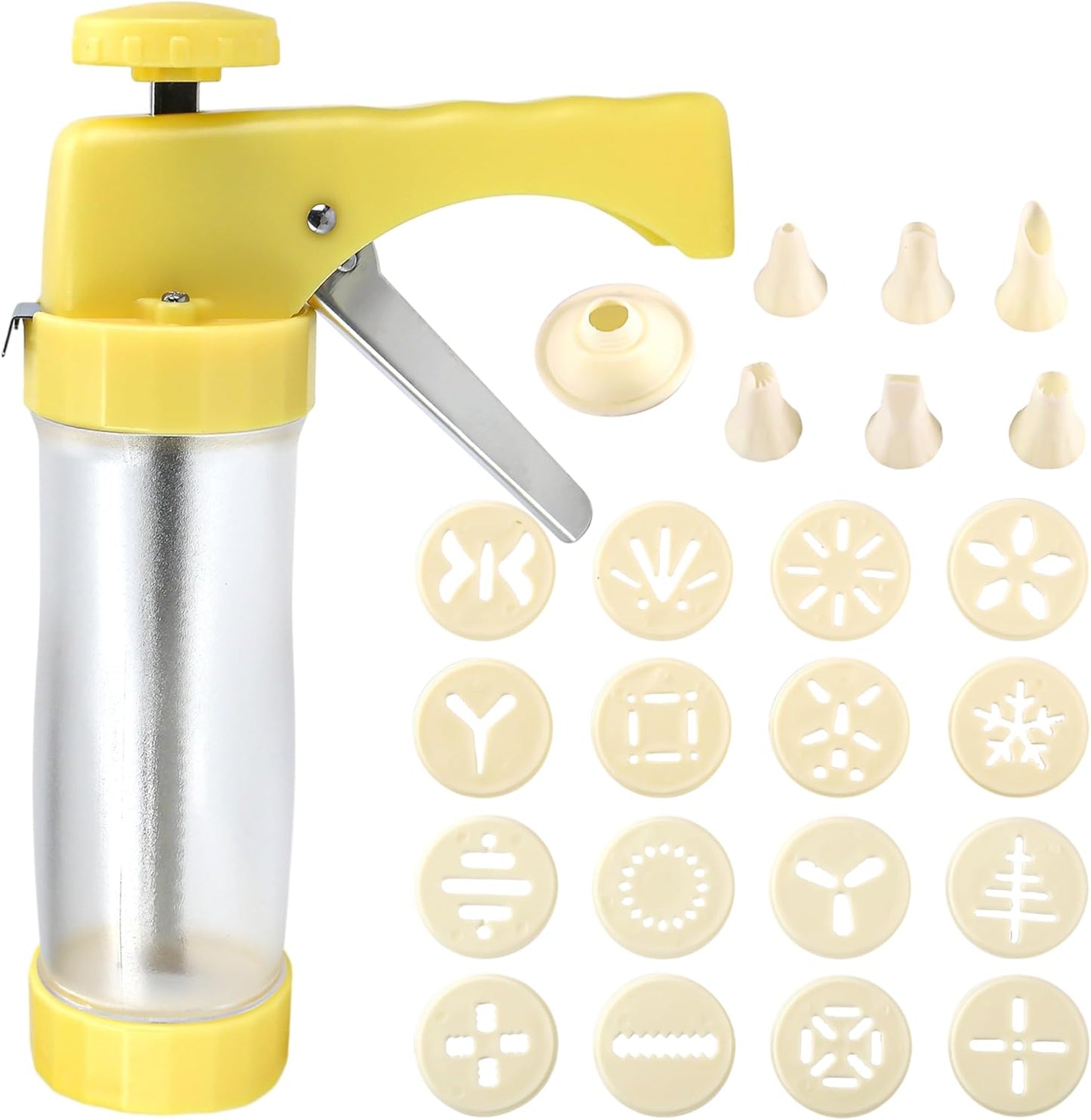 Cookie Press Gun Kit – Cookie Spritzer Set with 16 Discs and 6 Piping Tips for Baking, Cake Icing Nozzle, Deviled Egg Filler, Donut Decorating, Stainless Steel Food Syringe, Extruder, Injector