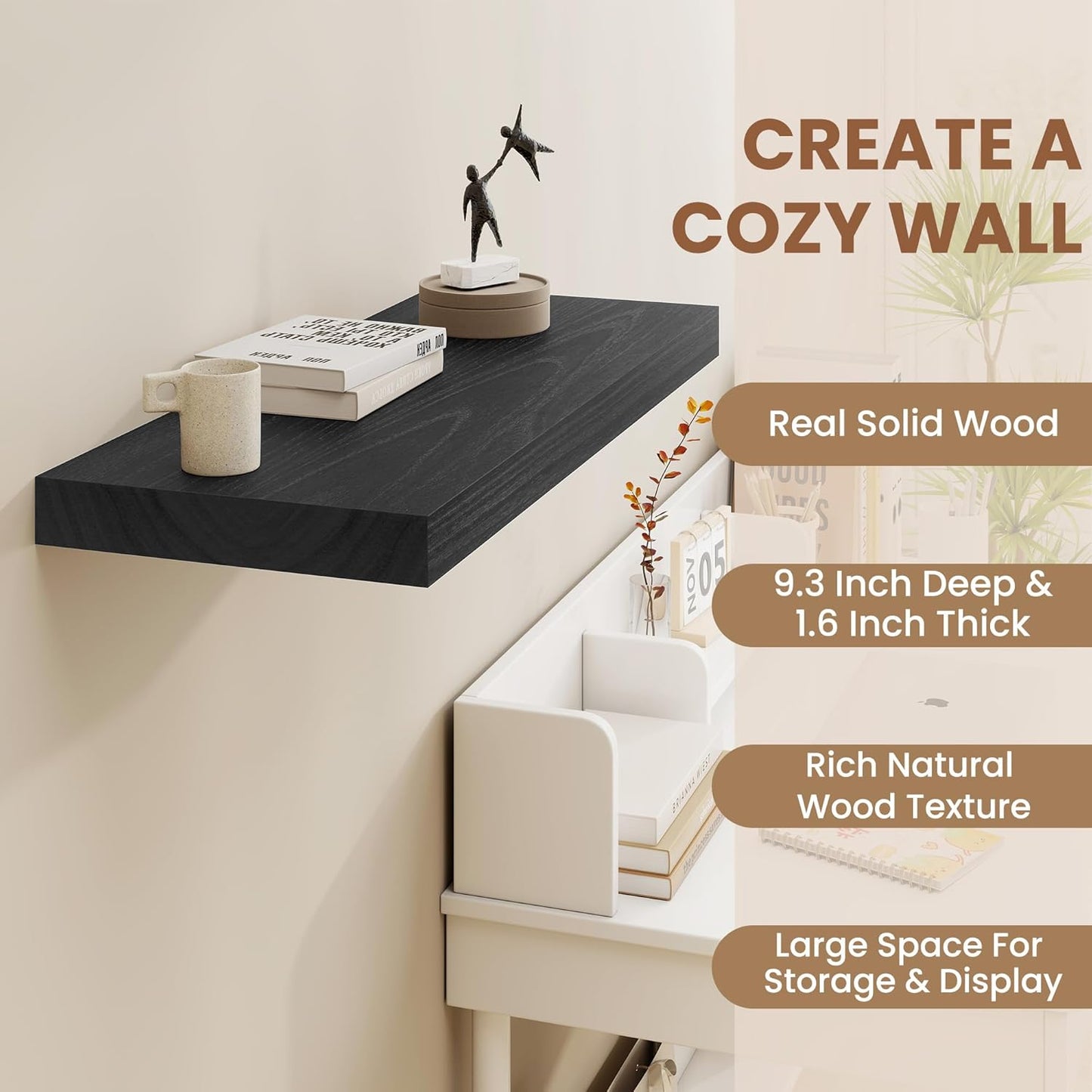 9.3 Inch Deep Floating Shelves, Black Solid Wood Floating Shelf Wall Mounted, 36 x 9 Large Display & Storage Shelves for Books, Living Room, Bathroom, Rustic Wooden Wall Shelves, Heavy-Duty, Set of 2