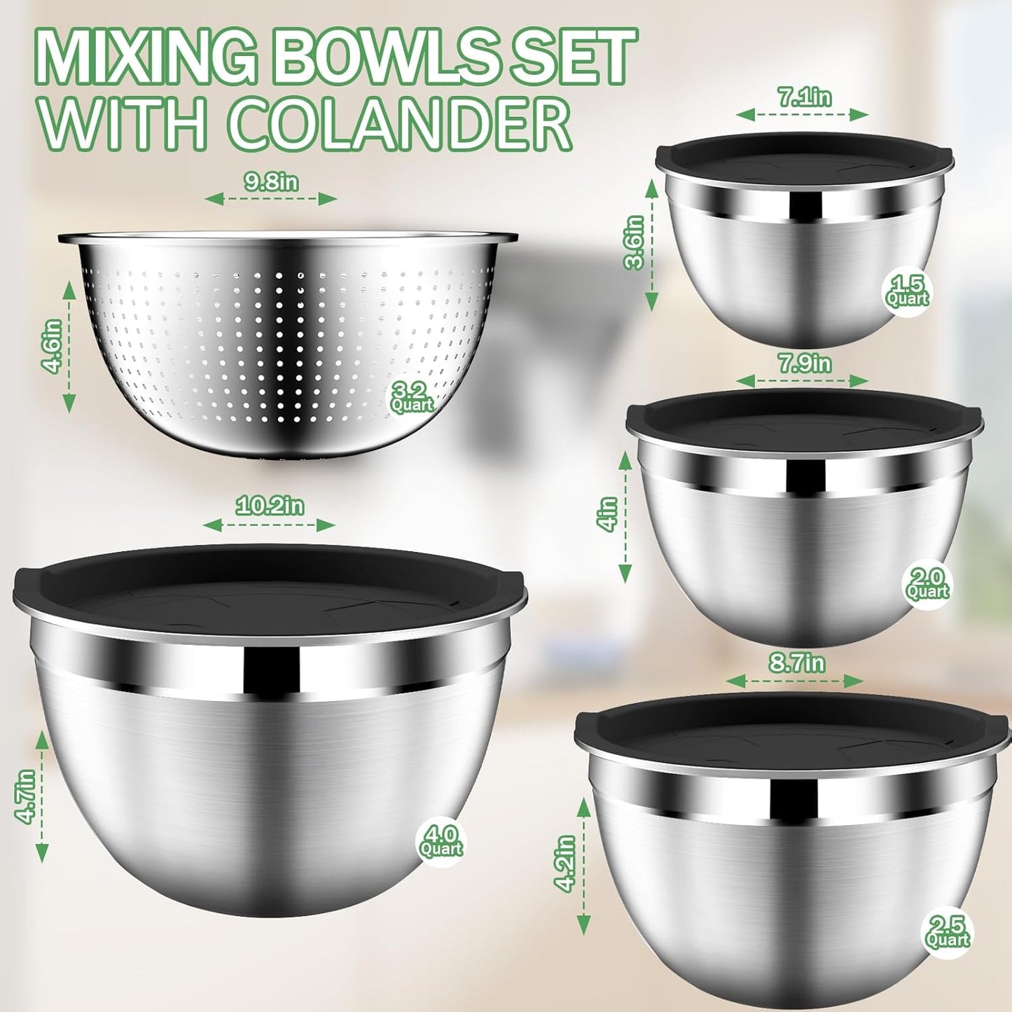Mixing Bowls with Lids Set, Stainless Steel Mixing Bowls with Colander, Strainer with Mixing Bowl Set, Kitchen Gadgets Bowl Christams Gift, Size 4, 2.5, 2, 1.5QT - Black
