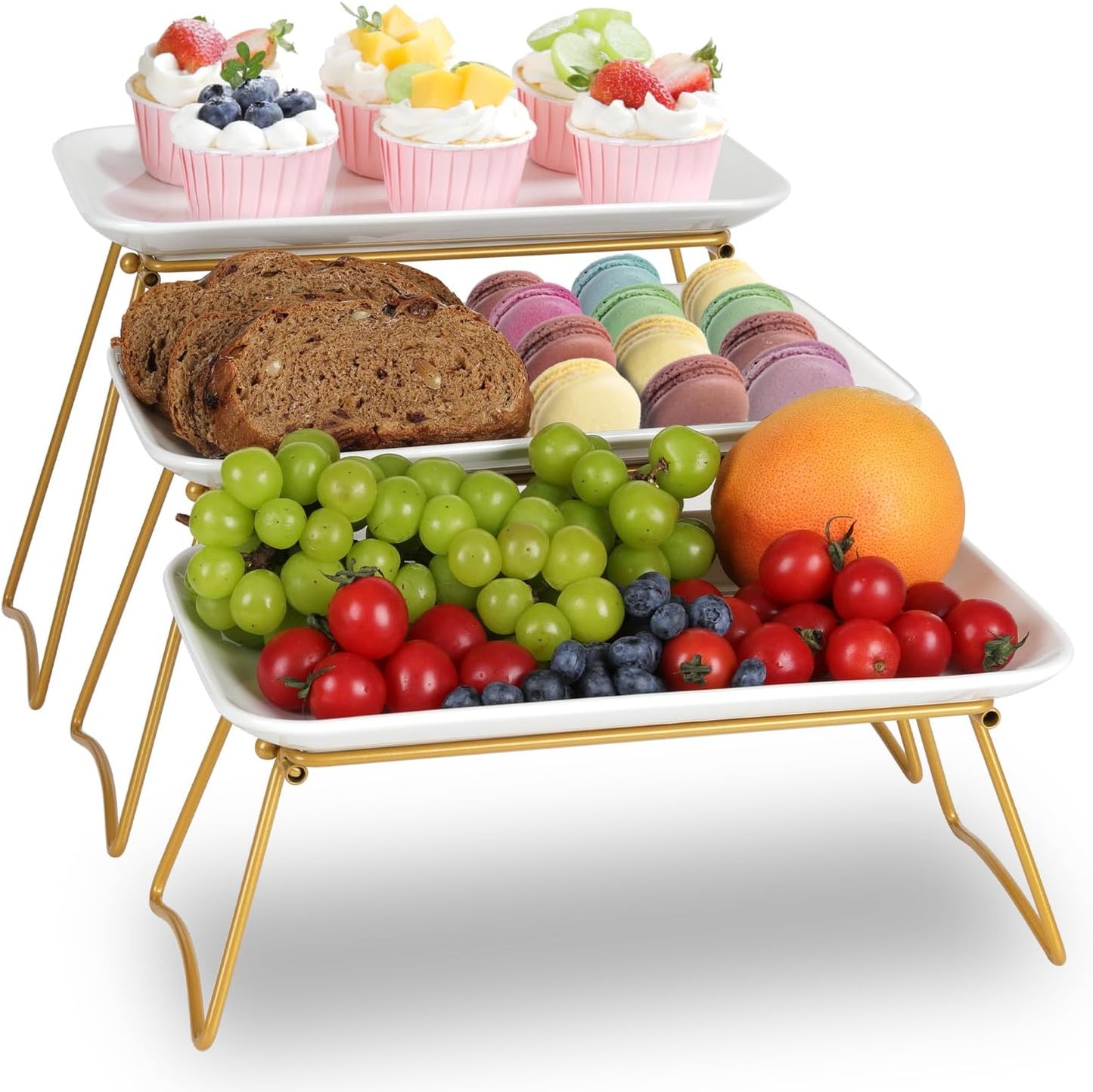 HAPPY KIT 3 Tier Serving Tray Set with Gold Freely Combinable Rack,12 Inch Tiered Tray Stand,Widened Porcelain Platters,Decor Cupcake Stand for Christmas Party Display,Dessert Trays Collapsible