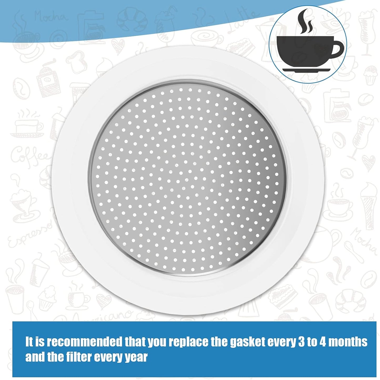 6 Pieces Moka Pot Replacement Cup Gasket with 2 Pcs Stainless Filter Silicone Moka Express Replacement Seals Funnel Kits Compatible Espresso Coffee Maker Parts(6-cup)