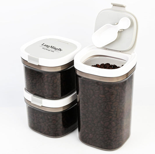 3 Piece Airtight Kitchen Storage Canisters Set, Coffee and Dry Food Storage Containers, BPA-Free, Stackable, Easy-Clean, Perfect for Coffee, Flour, Sugar, Includes Scoop