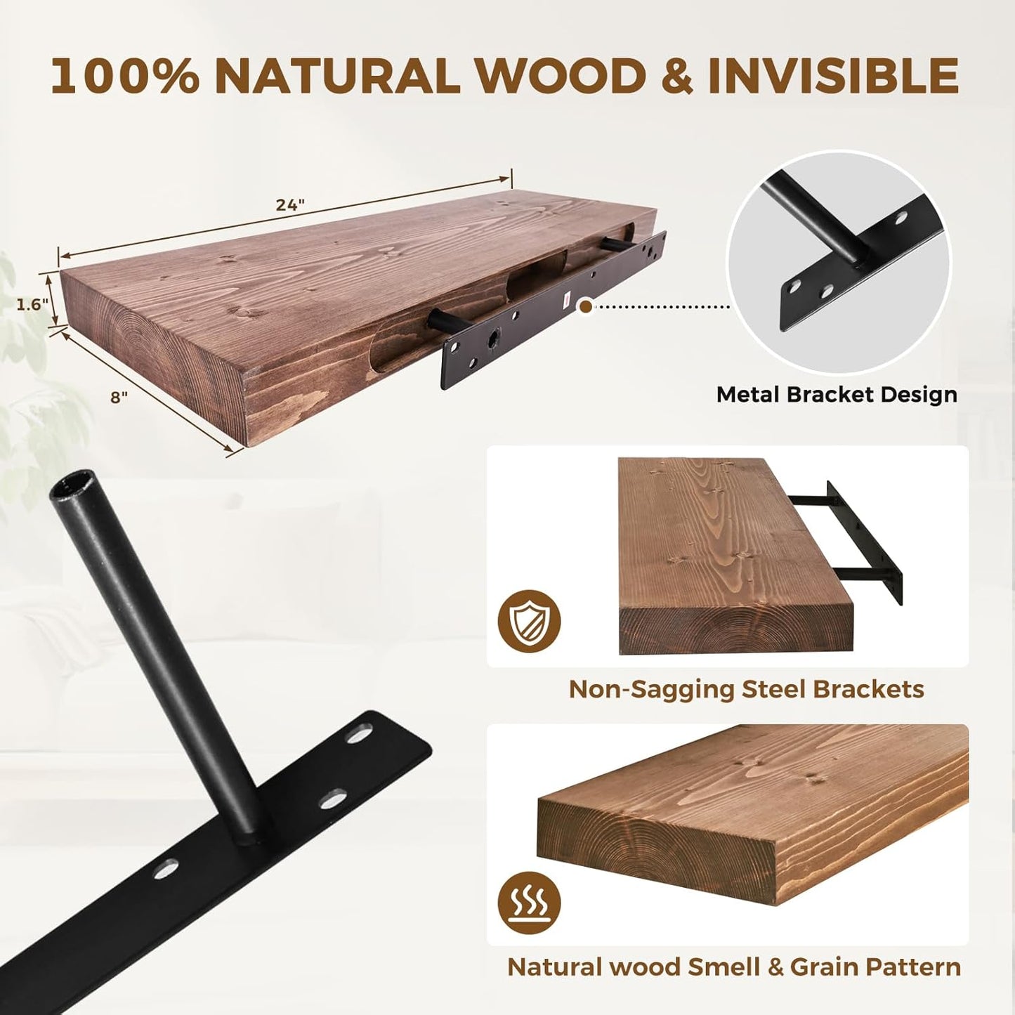 24x8x1.6 inch Floating Shelves Set of 2 – Solid Wood Rustic Brown Wall Mounted Shelf for Kitchen, Bathroom, Living Room