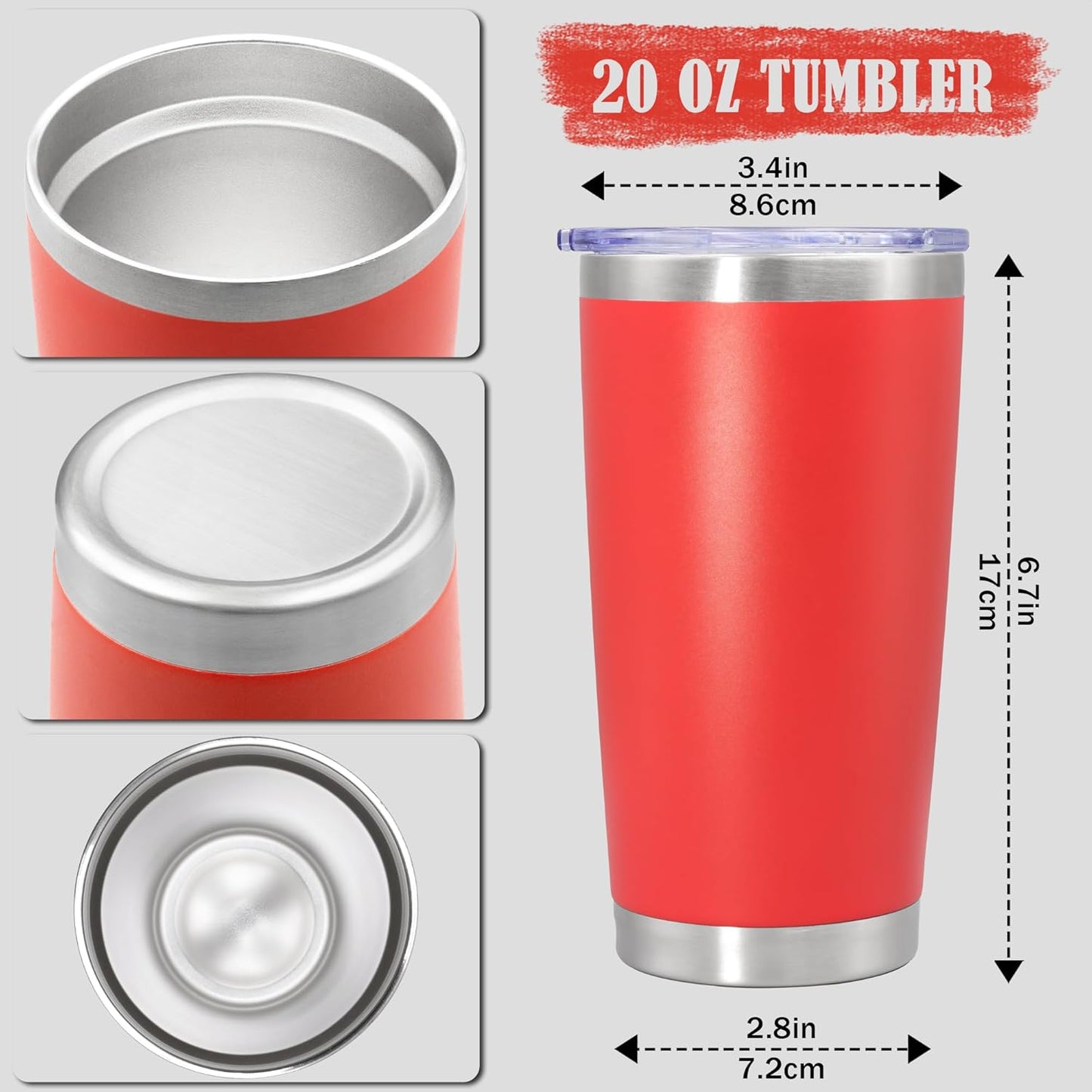 20 oz Tumbler Coffee Tavel Tumblers Bulk with Lid Stainless Steel Double Wall Vacuum Insulated Mug Powder Coated Cups fit Car Cupholder for Hot and Cold - Red, 1Pack