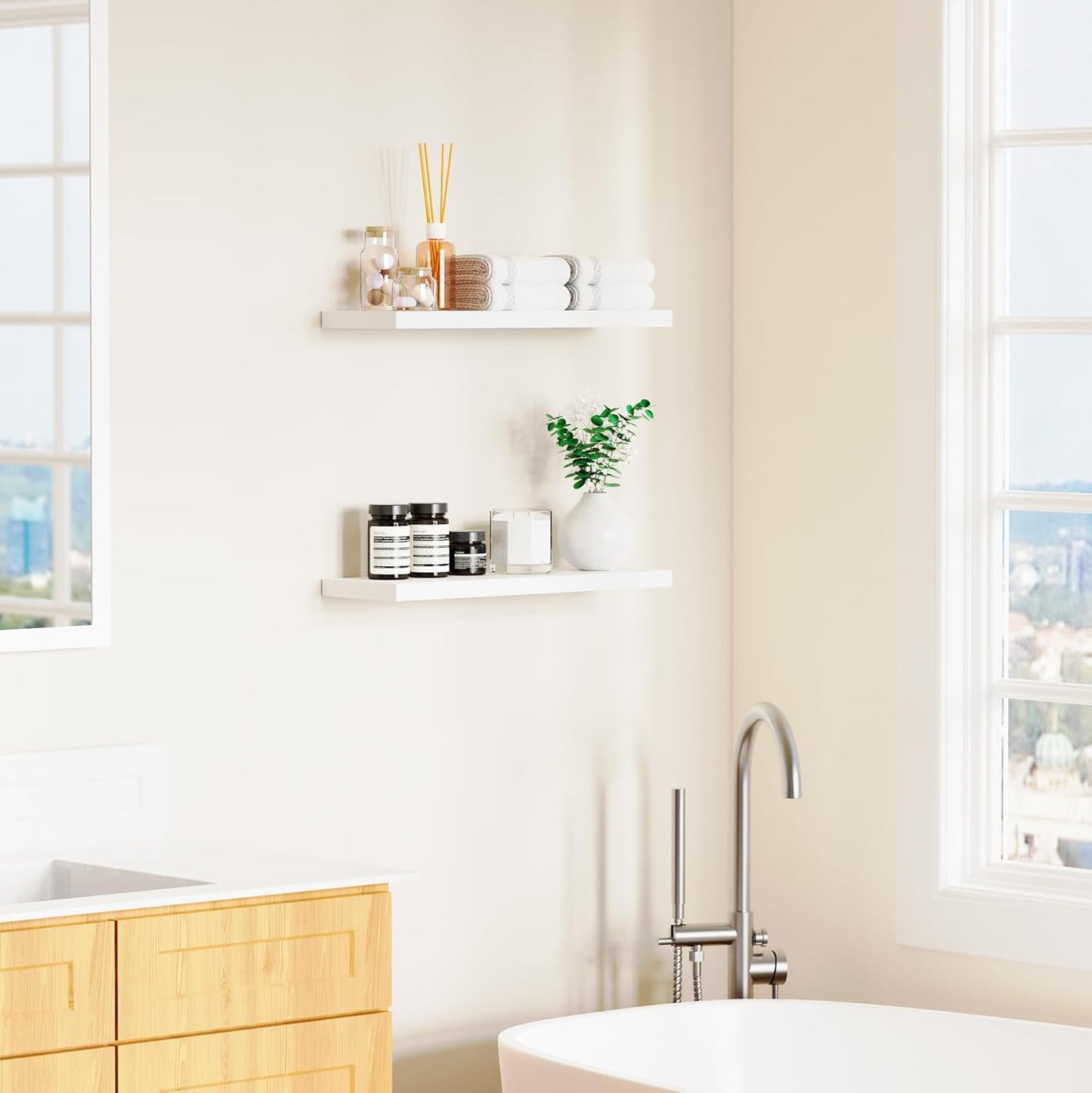 Floating Shelves for Wall, White Wood Wall Shelf Set of 2, 24" Wall Mounted Floating Shelf for Kitchen, Living Room, Bedroom, Bathroom Storage, Book Shelf for Walls Home Decor, Frame Display