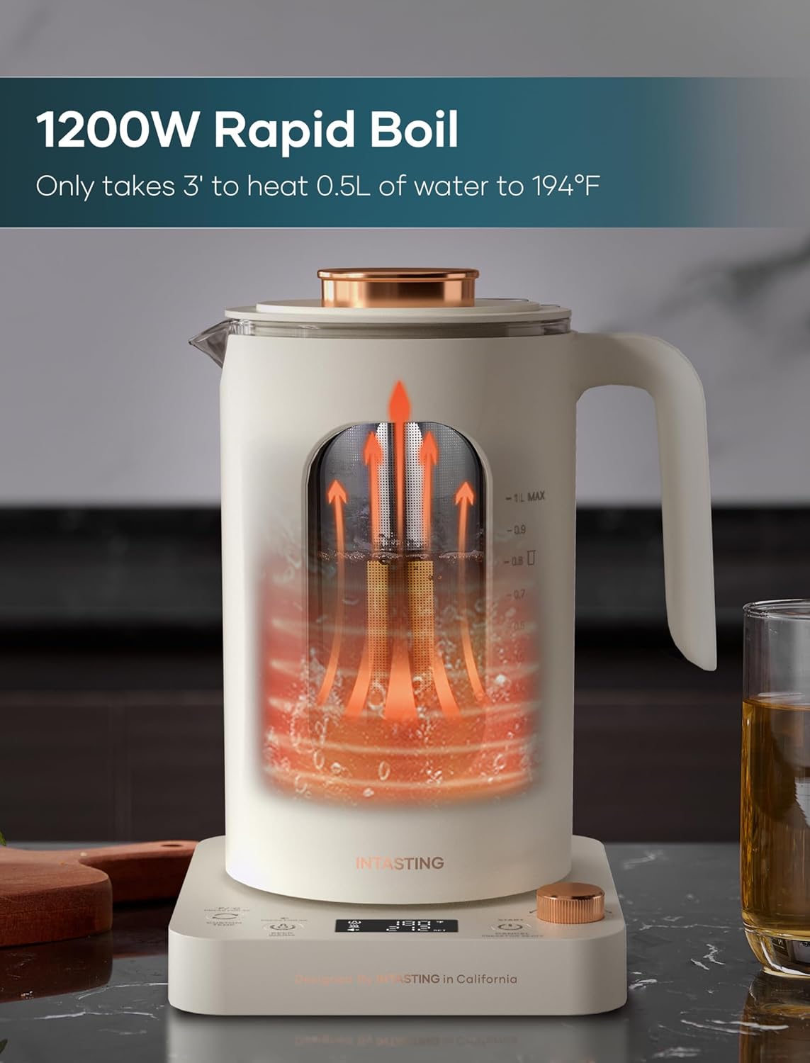 Electric Tea Kettle, INTASTING Glass Electric Kettle with tea Infuser and Precise knob temperature control, 1200W Fast Heating, BPA-Free, Easy to Clean, for Tea and coffee, 1 Liter (Cream White)