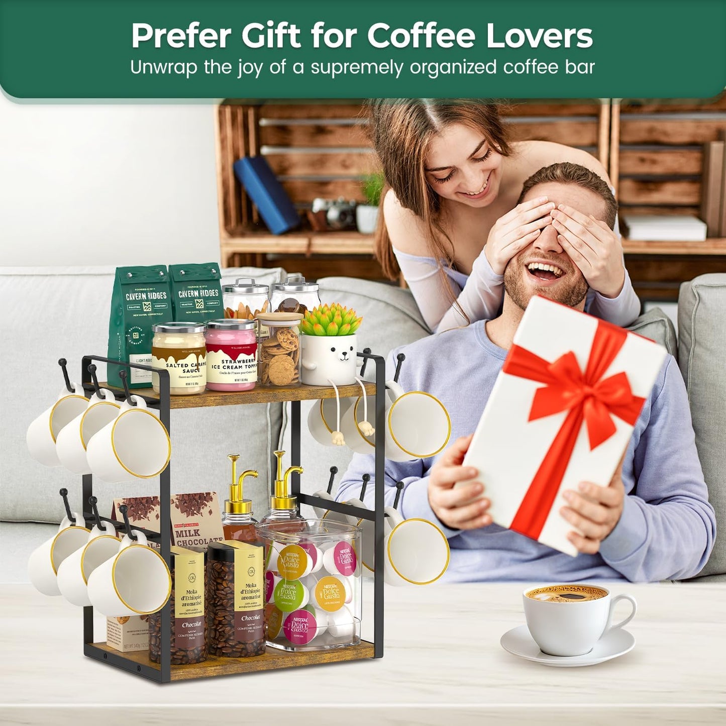 EsLuker.ly 2 Tier Coffee Mug Holder Station Bar Organize Countertop, Mug Cup Tree Rack for Kitchen Office, Storage Shelf with 12 Hooks, Creat Stylish Coffee Corner, Vintage Brown-Black