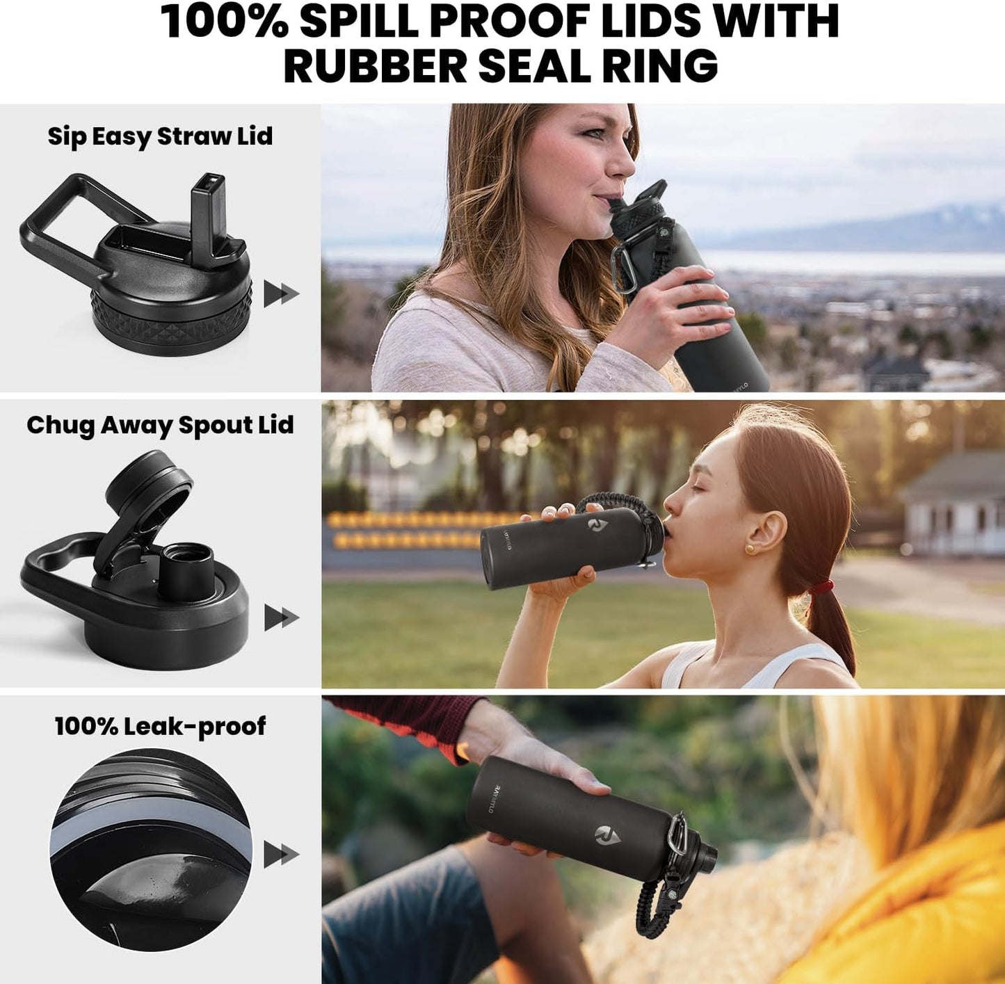 Insulated Water Bottle 40 oz, Triple Wall Vacuum Stainless Steel (Cold for 48 Hrs), Leak Proof & Non-BPA, Modern Water Flask Jug with Paracord Handle & Straw Spout Lids, Magic Black