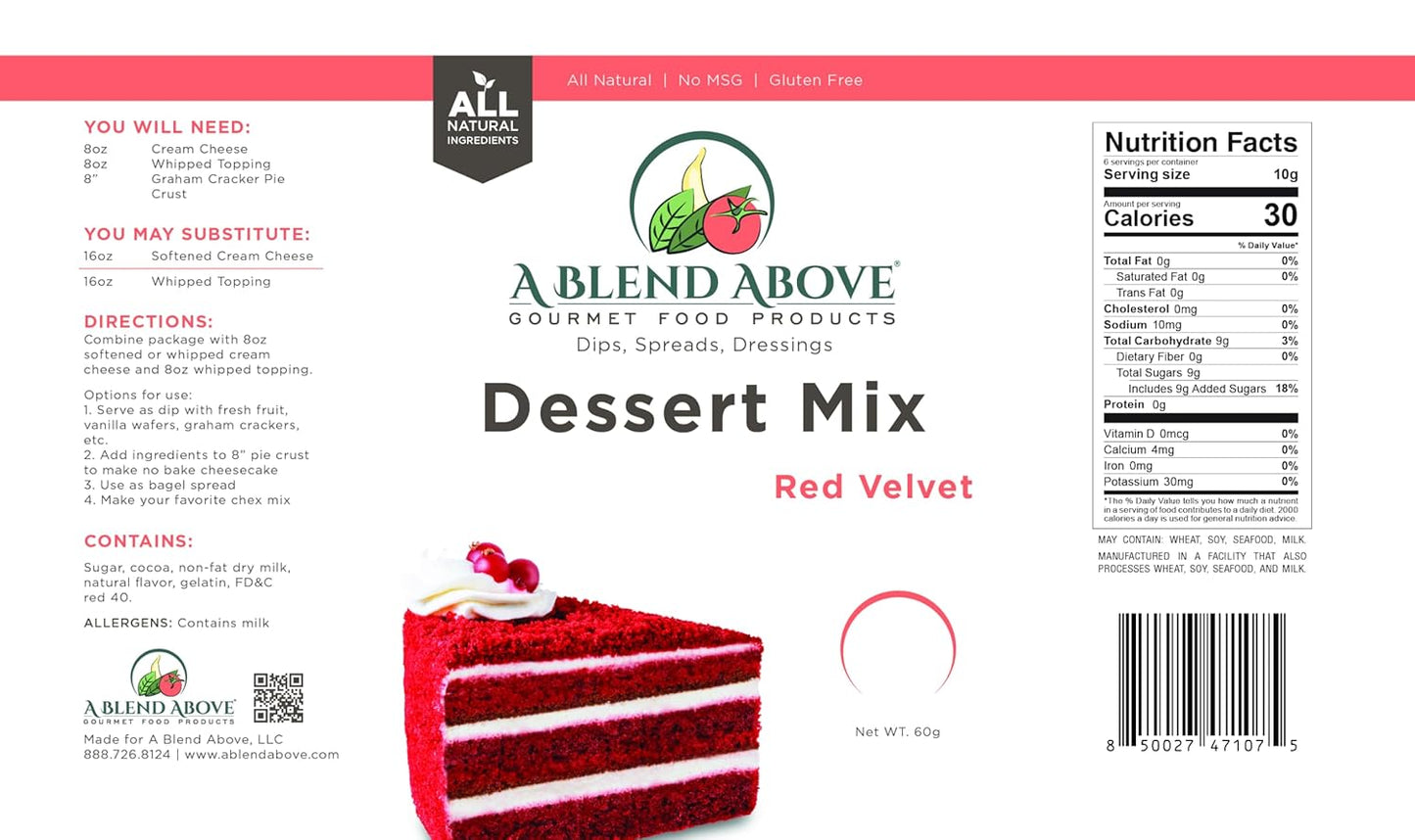 A Blend Above Red Velvet Cake Mix - No-Bake Desserts, All Natural, Vegan, Gluten Free, No MSG - Instant Dessert Mix, Fruit Dip, Bagel Topping, Frosting, Cheesecake Filling - Makes 16 Oz (Pack of 3)
