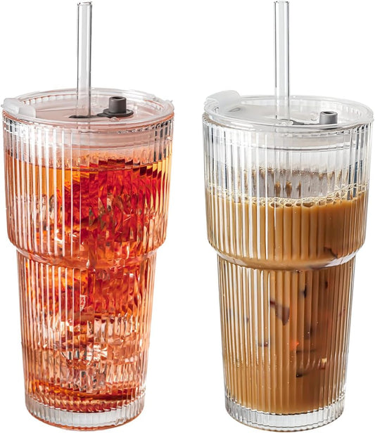 20oz Ribbed Glass Tumblers with Lids & Straws, Ideal for Iced Coffee, Cocktails & More - Includes Cleaning Brush