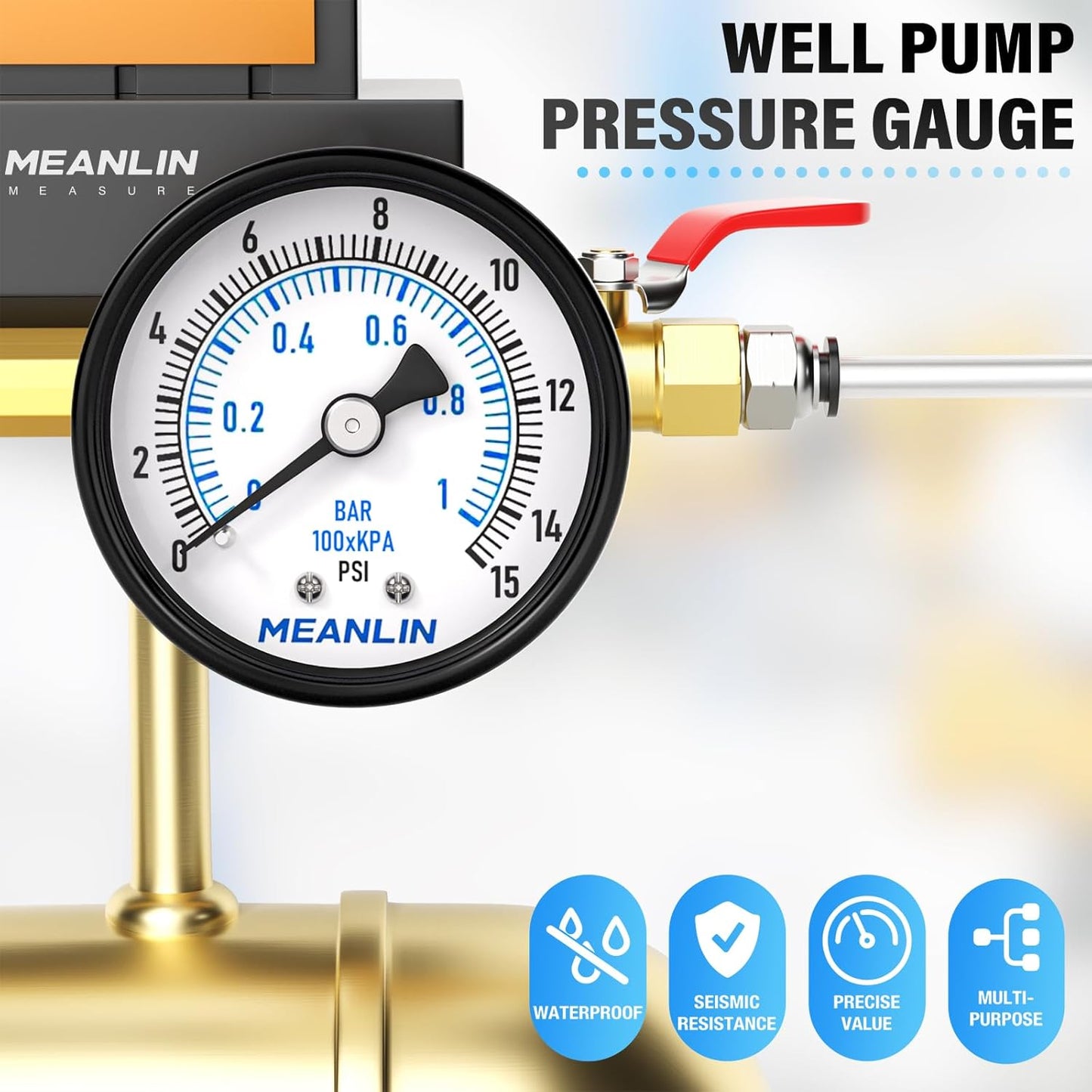 MEANLIN MEASURE 0-15Psi 2" DIAL FACE 1/8" NPT Well Pump Pressure Gauge, with 1/4" NPT and 3/8" NPT Hex Bushing, 3-2-3% Accuracy, Center Back Mount