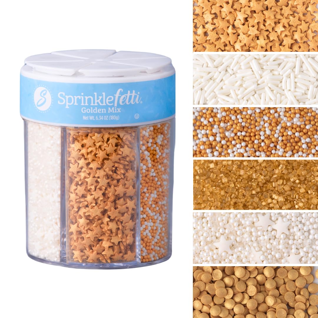 Sweets Indeed Sprinkles 6 Cell Edible Sprinkle Mix Jimmies Perfect for Cake Decorations Baking Ice Cream Cookies Cupcake Topper (Gold)