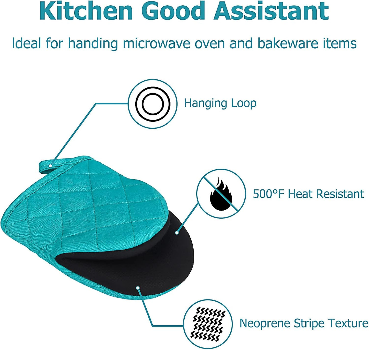 1 Pair Short Oven Mitts, Heat Resistant Silicone Kitchen Mini Oven Mitts for 500 Degrees, Non-Slip Grip Surfaces and Hanging Loop Gloves, Baking Grilling Barbecue Microwave Machine Washable