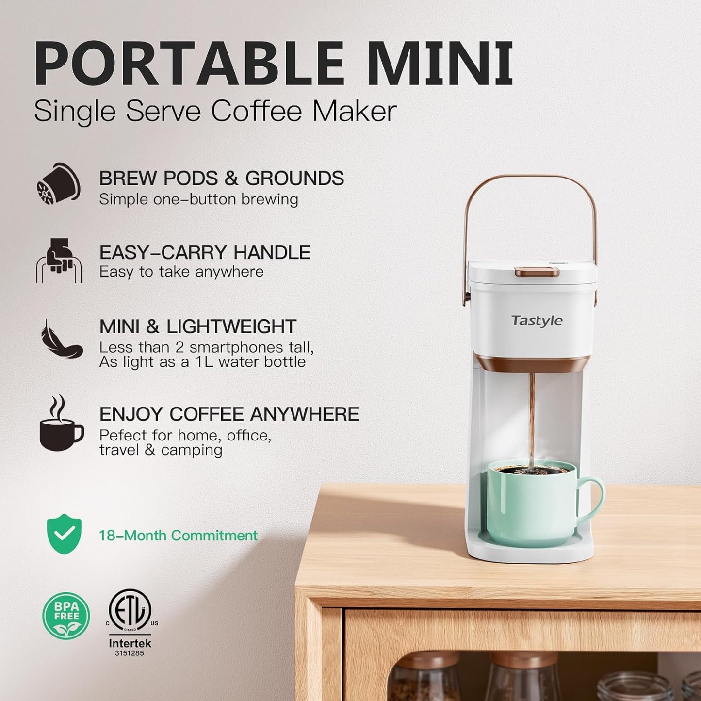 Single Serve One Cup Coffee Maker, for K Cups and Grounds, Mini Coffee Maker with Portable Handle, 6 to 12 Oz Brew Size, for Travel, Camping, Office, RV and Dorm, 120V, White and Brown