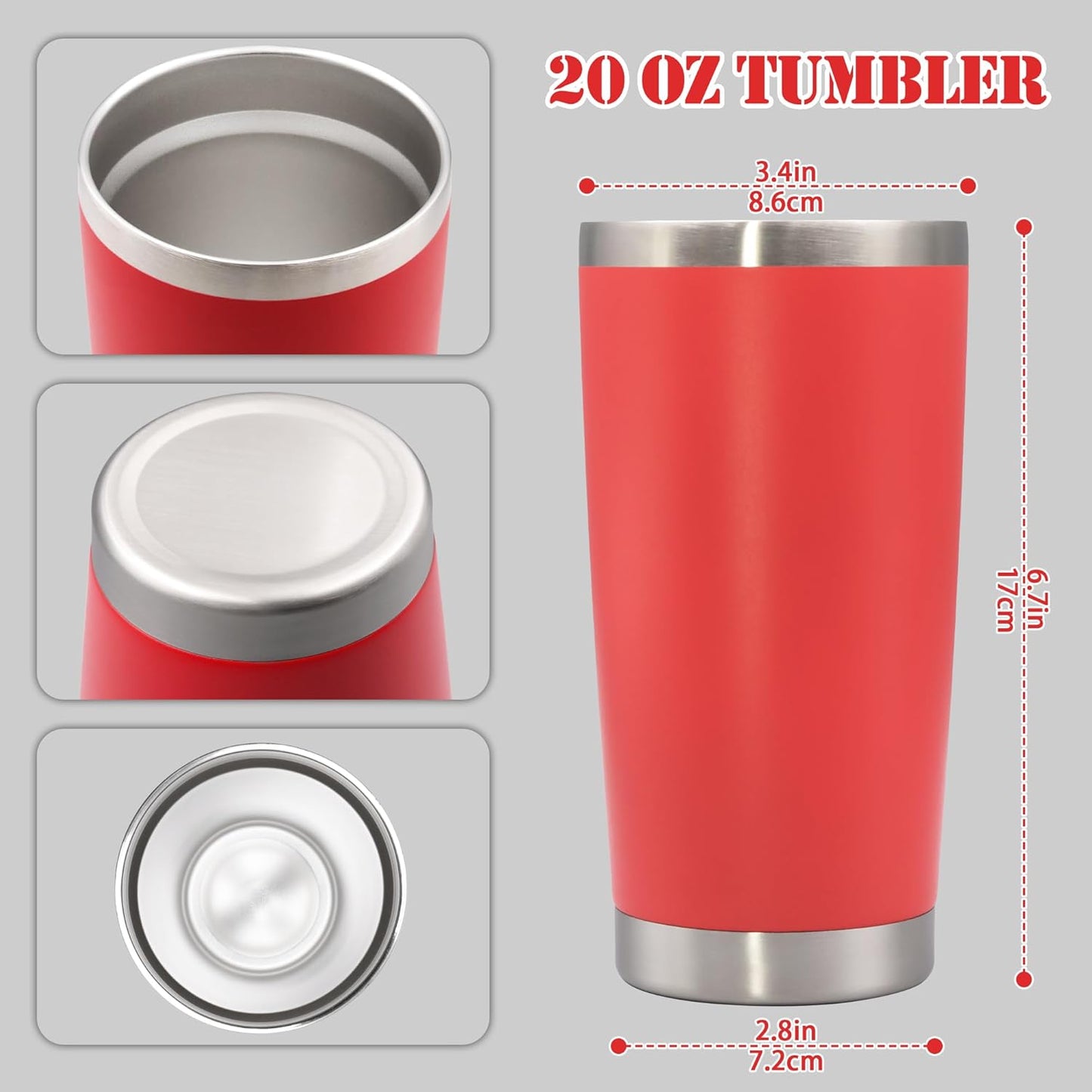 20 oz Tumbler with lid Double Wall Vacuum Insulated Tumblers Stainless Steel Coffee Mug Travel Coffee Tumbler Powder Coated Tumbler Cup Keep Hot&Cold - (Red 6 Pack)