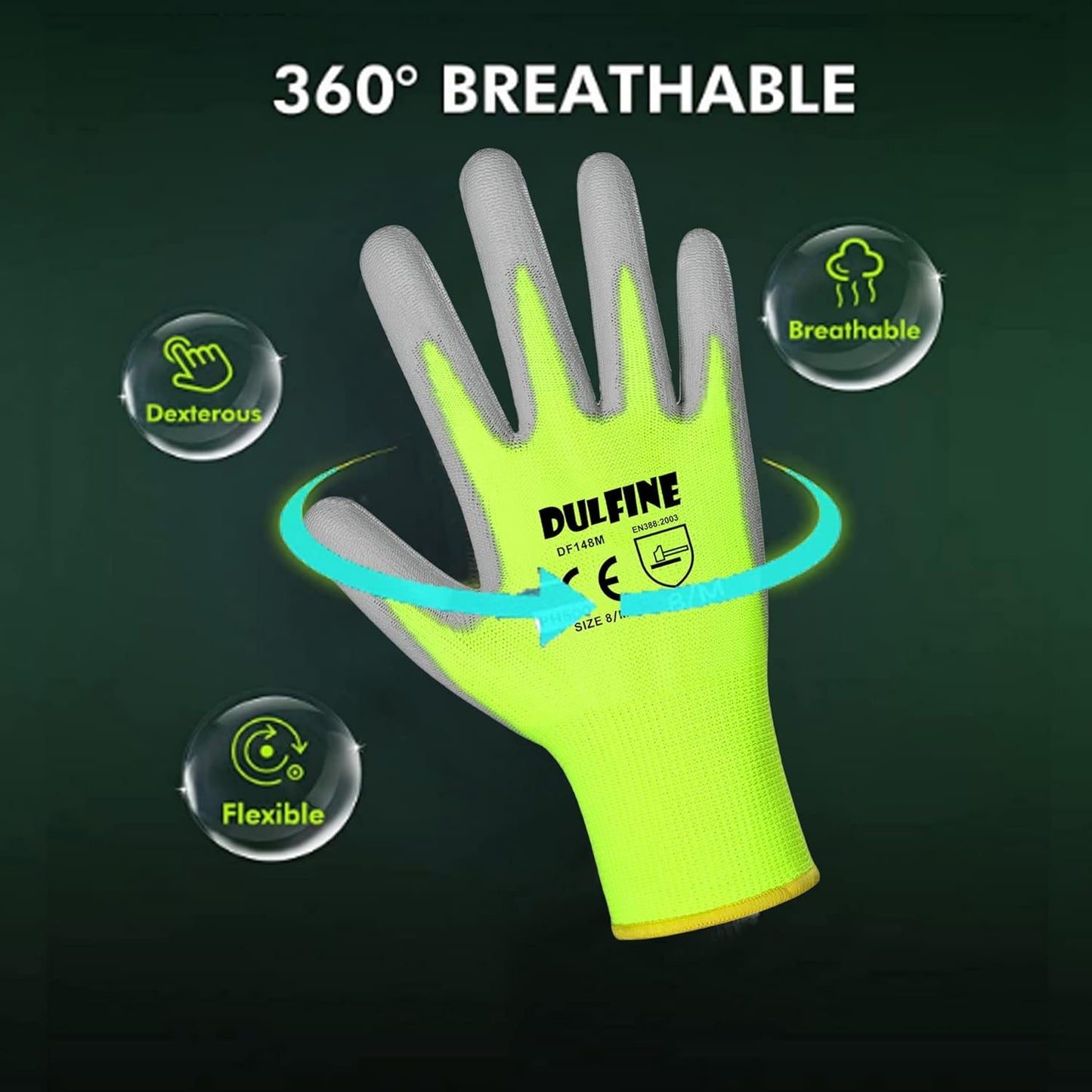 DULFINE Safety Work Gloves for Men PU Coated 60 Pairs Bulk Pack,Hi-Vis Yellow Seamless Knit Glove with thin Polyurethane Coated Smooth Grip on Palm & Fingers,Ideal for General Duty Work (Small)