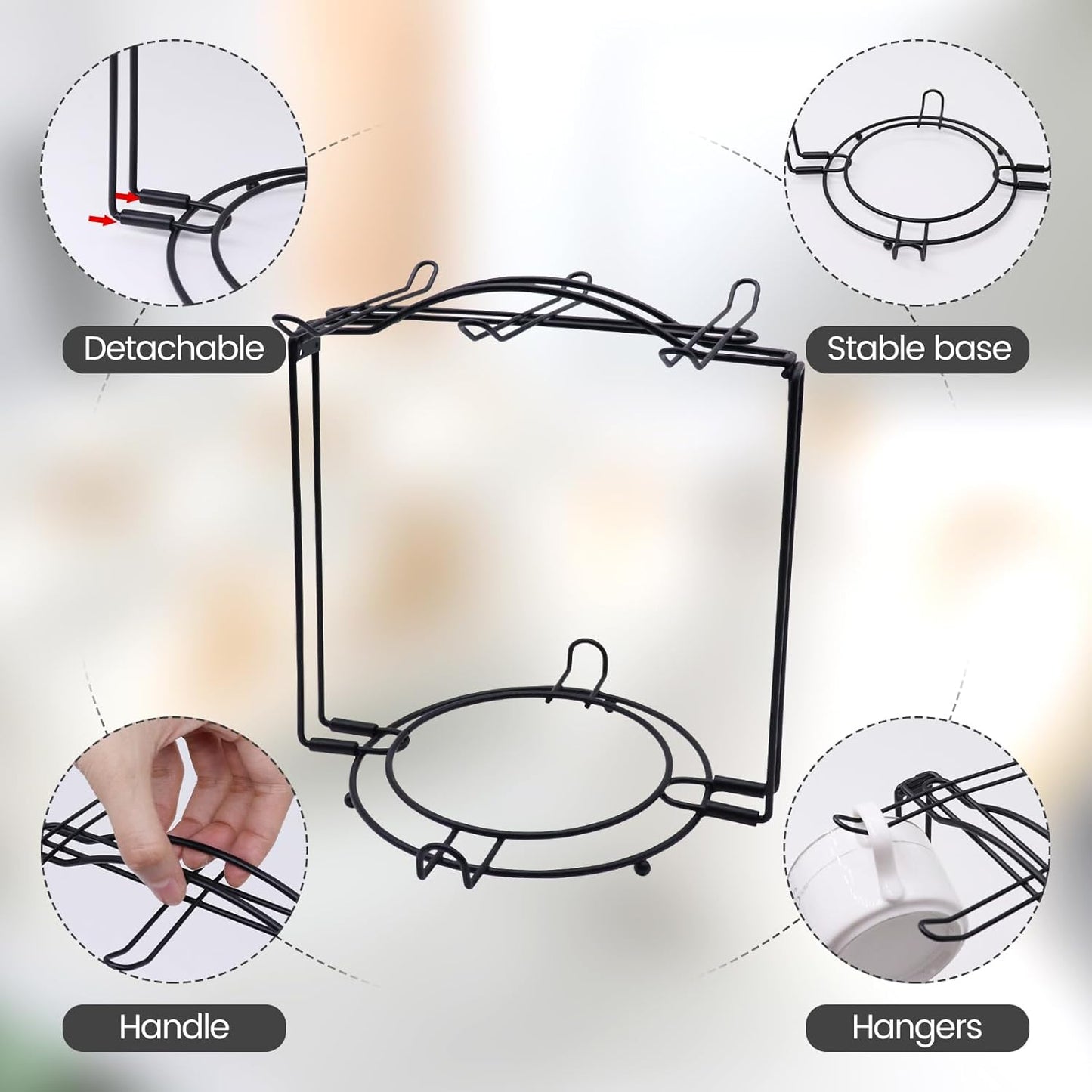 Tea Cups Holder,Black Metal Coffee Cup Tea Cups Rack,Foldable Organizer for Coffee Cup Spoon and Saucers
