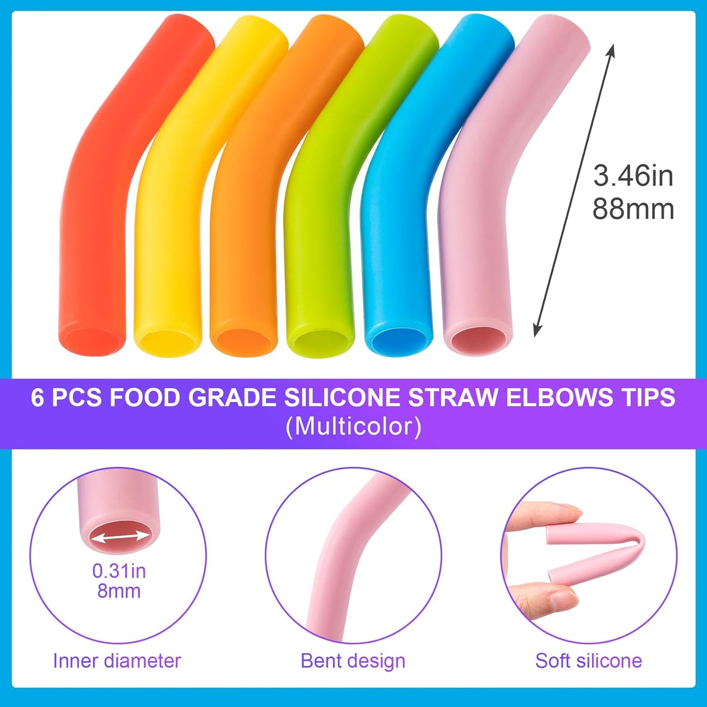 6Pcs Metal Straw Silicone Tips 5/16 IN Wide(8mm Outer Diameter) Multi-color Food Grade Rubber Flex Elbow Straw Covers Replacement Tip for Stainless Steel Metal Straws,6 Colors