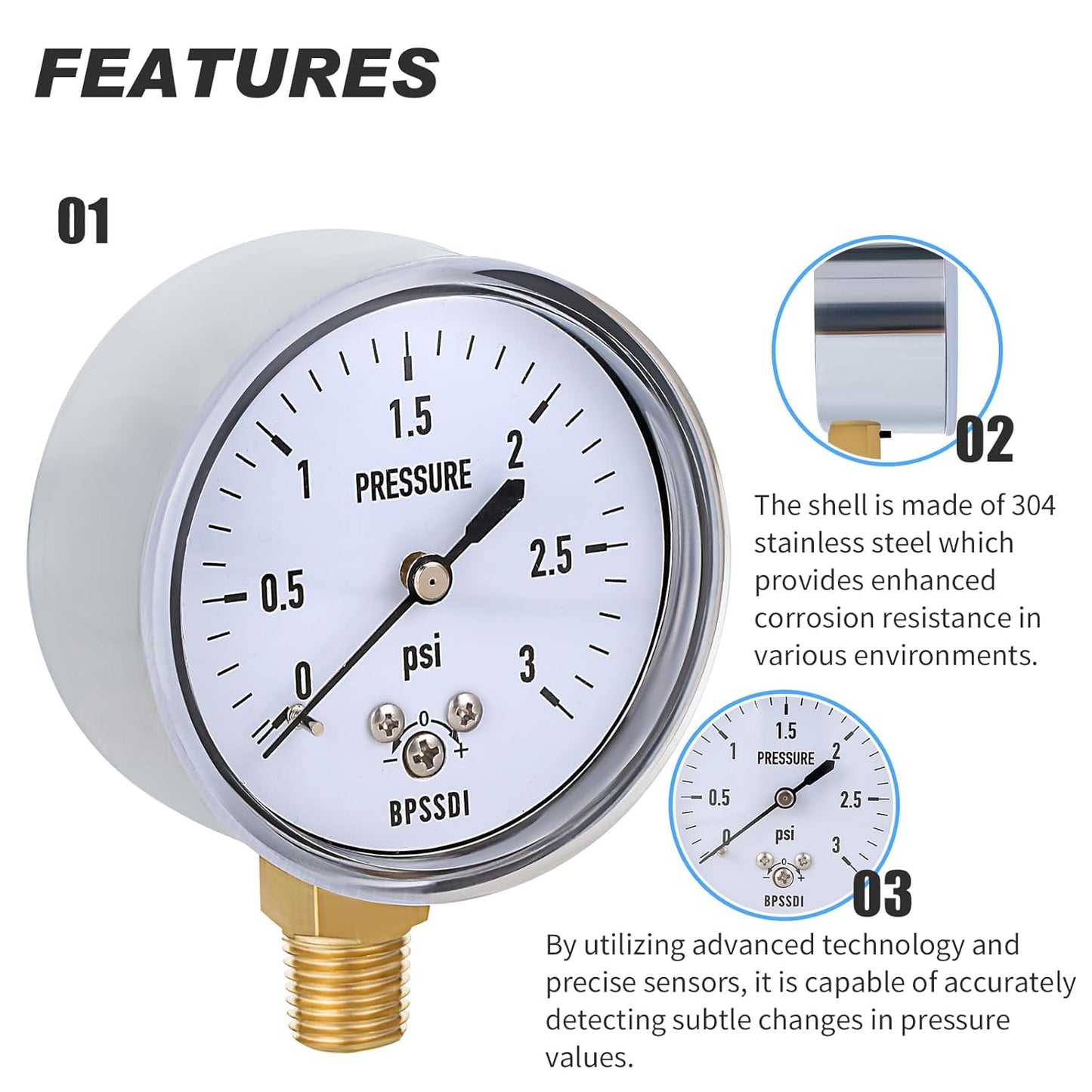 0-3 Psi Low Pressure Gauge, Capsule Gauge with 304 Stainless Steel Case, 2.5" Dial Size, 1/4" NPT Lower Mount, Zero Adjustment, for Air Water Gas Pressure Test