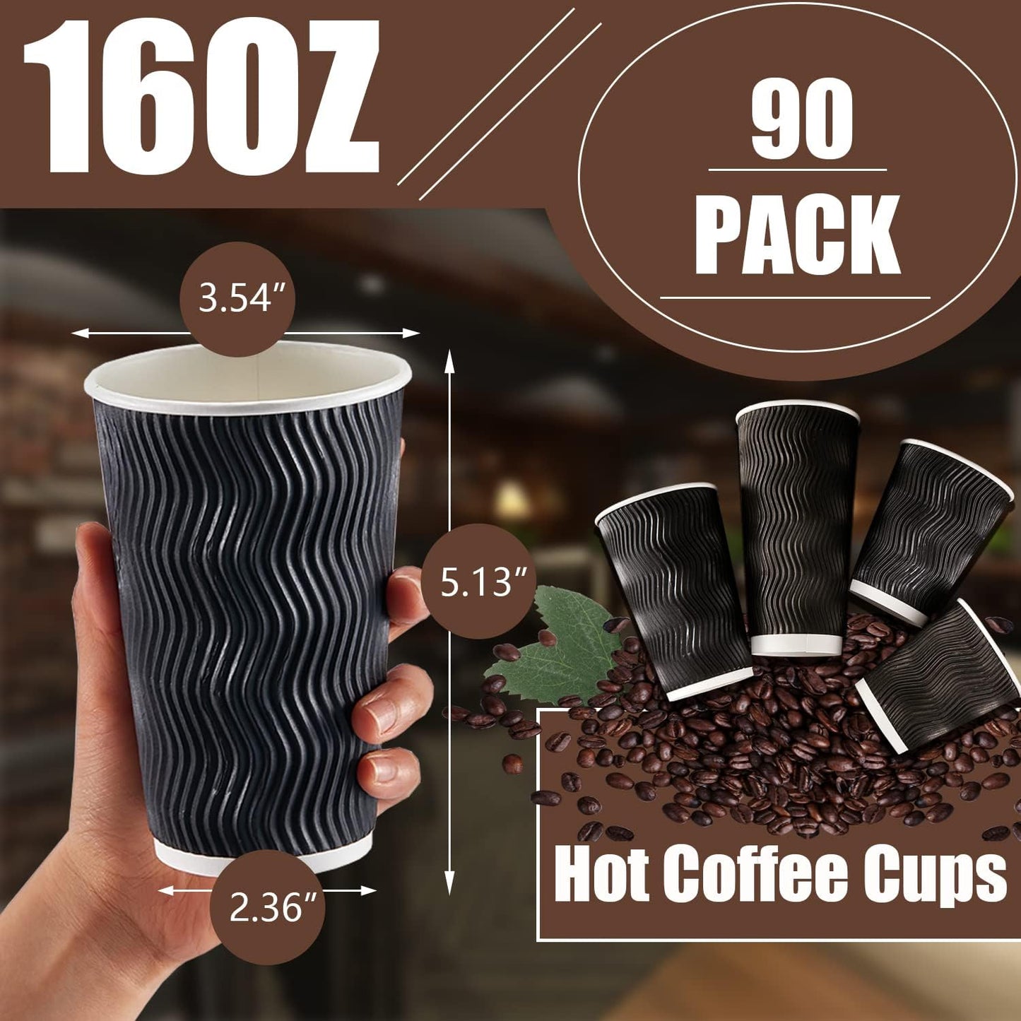 Lamosi 16 oz Coffee Cups - 90 Pack, Disposable Insulated Corrugated Paper Cups 16oz, Kraft Ripple Wall Cups for Hot Beverage or Cold Drinks (Black)
