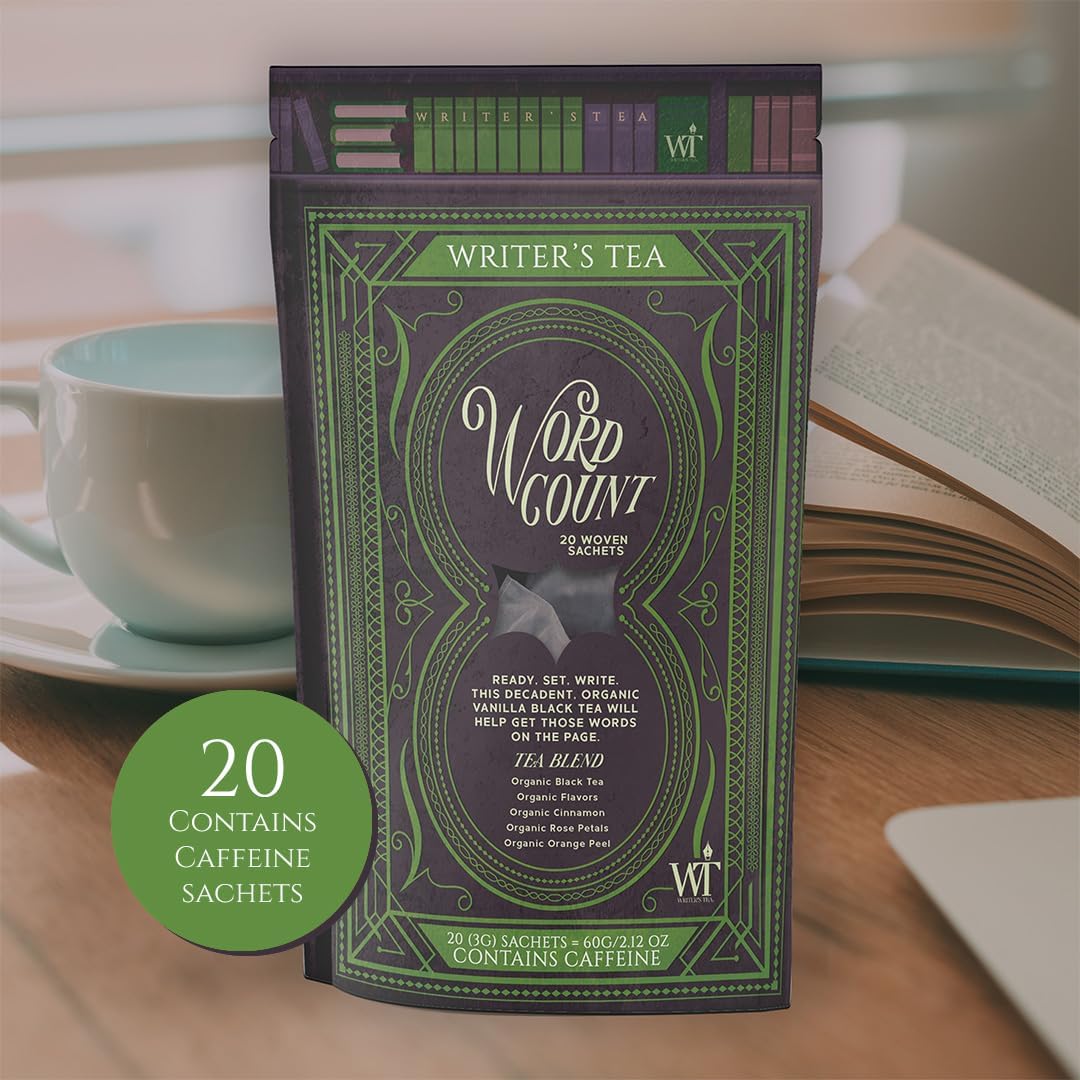 Writer's Tea Word Count - Energy Tea - Black Tea, Flavoring, Cinnamon, Rose Petals, and Orange Peel Tea Blend - Contains Caffeine - 20 Woven Sachets