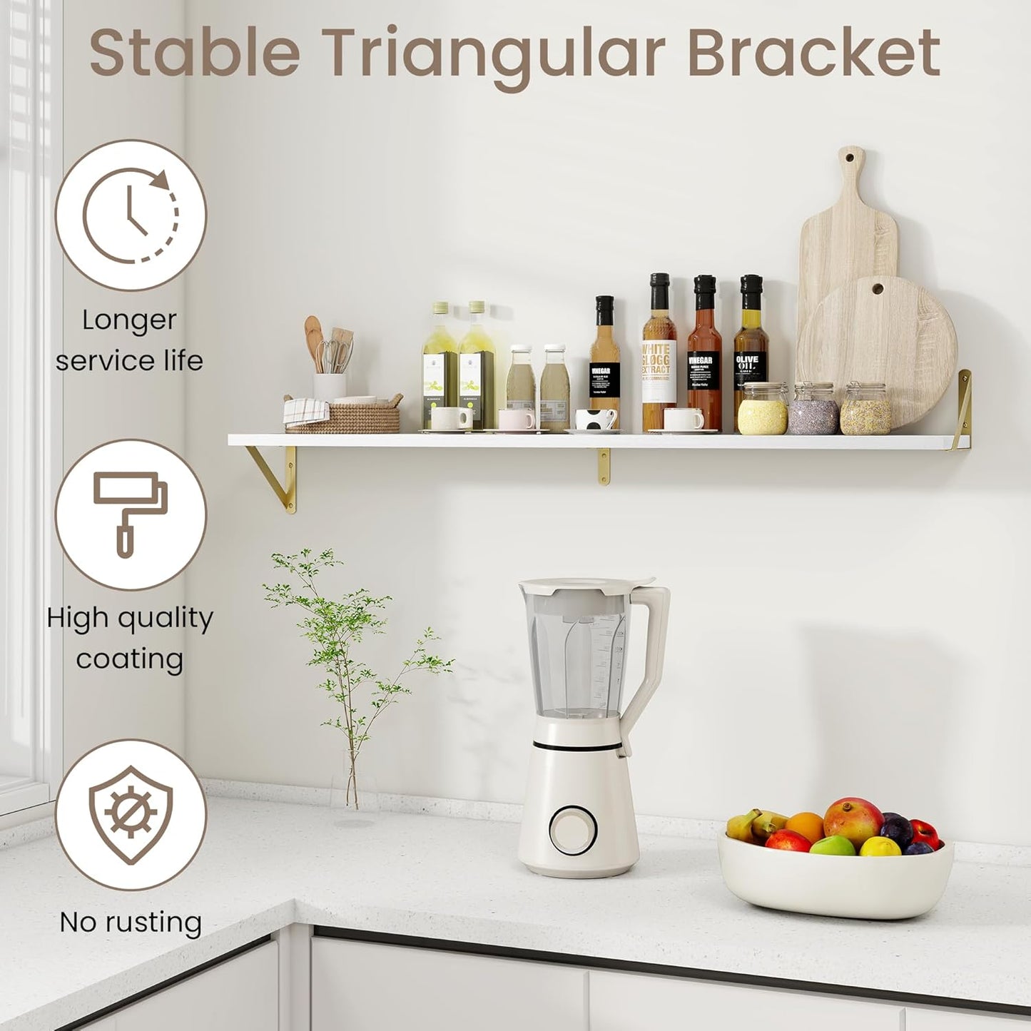 Dreamland White and Gold Shelf, 48W x 8D Wall Mounted Shelves Set of 2, Wide Display Ledge Shelf with Sturdy Metal Brackets for Living Room, Bathroom, Bedroom and Kitchen, White with Gold Brackets