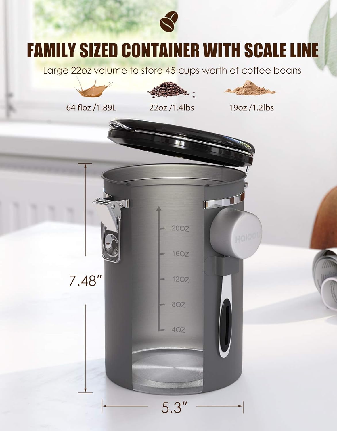 HAIOOU Airtight Coffee Canister, 16OZ Small Stainless Steel Coffee Bean Storage Container with Date Tracker, Measuring Scoop, CO2 Releasing Valves and Mini Tongs for Beans, Grounds and more - Gray