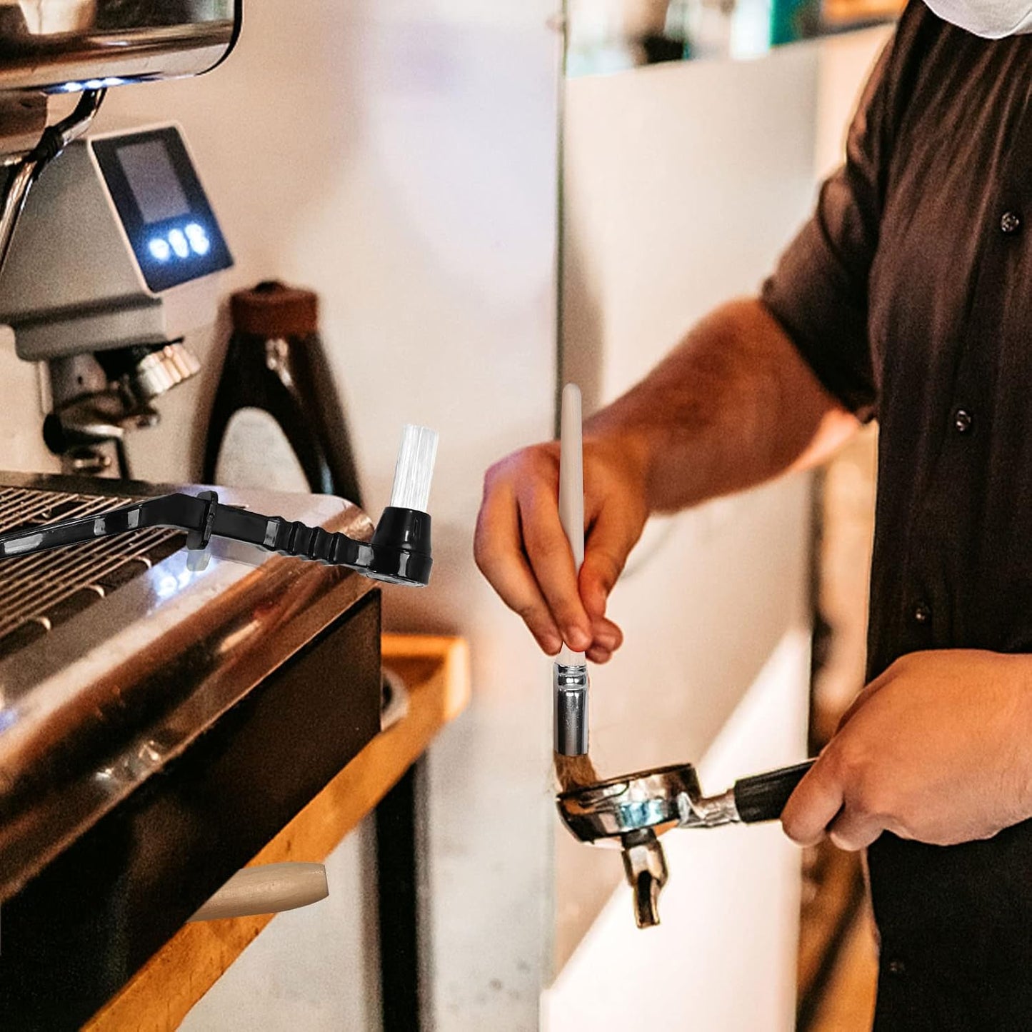 9PCS Coffee Machine Cleaning Brush Grinder Wooden Cleaning Brush Coffee Machine Head Brush Coffee Brush, Black Handle Coffee Machine Brush, Two in one Coffee Machine Brush with Spoon