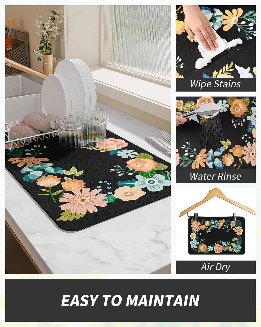 AMOAMI Coffee Mat Hide Stain Rubber Backed Absorbent Dish Drying Mat for Kitchen Counter - Fits Under Coffee Maker or Machine - Floral BLACK 17x31.5