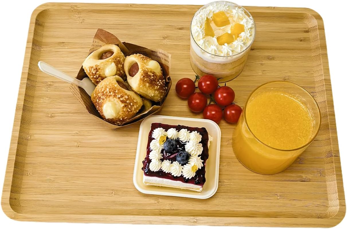 Bamboo Serving Tray Rectangle Platter Breakfast Dinner Food Bed Tray for Eating Kitchen Restaurants (1, 15.7" x 12.8" x 0.8" (no Handle))