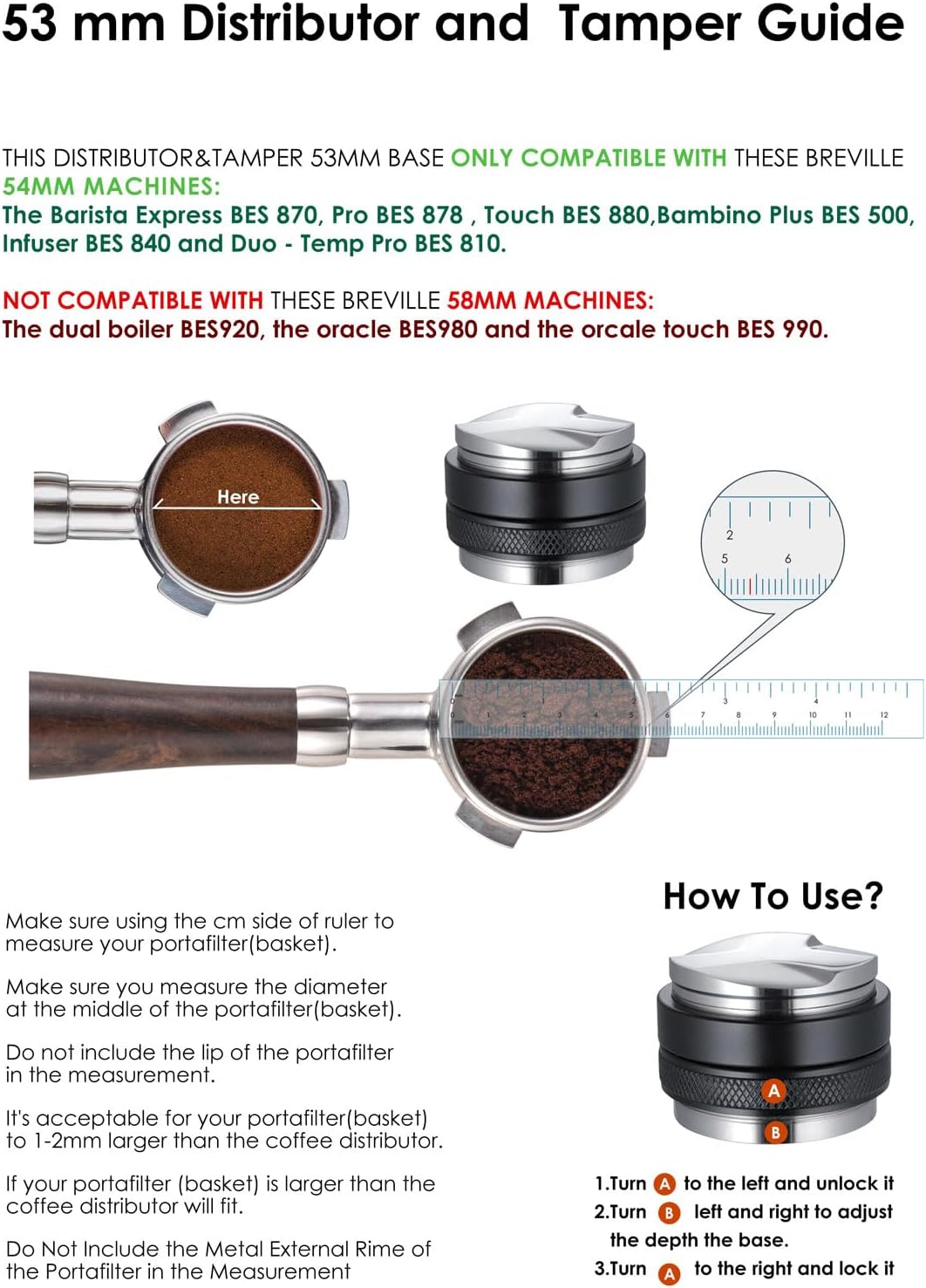 53mm Coffee Distributor and Tamper, Dual Head Coffee Leveler Compatible with Breville 54mm Portafilter, Adjustable Depth- Professional Espresso Hand Tampers