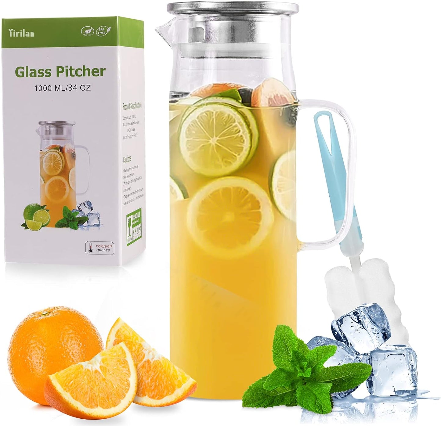 Glass Pitcher, 34 oz / 1 Liter Glass Pitcher with Lid, Glass Water Pitcher, Glass Carafe with Lid