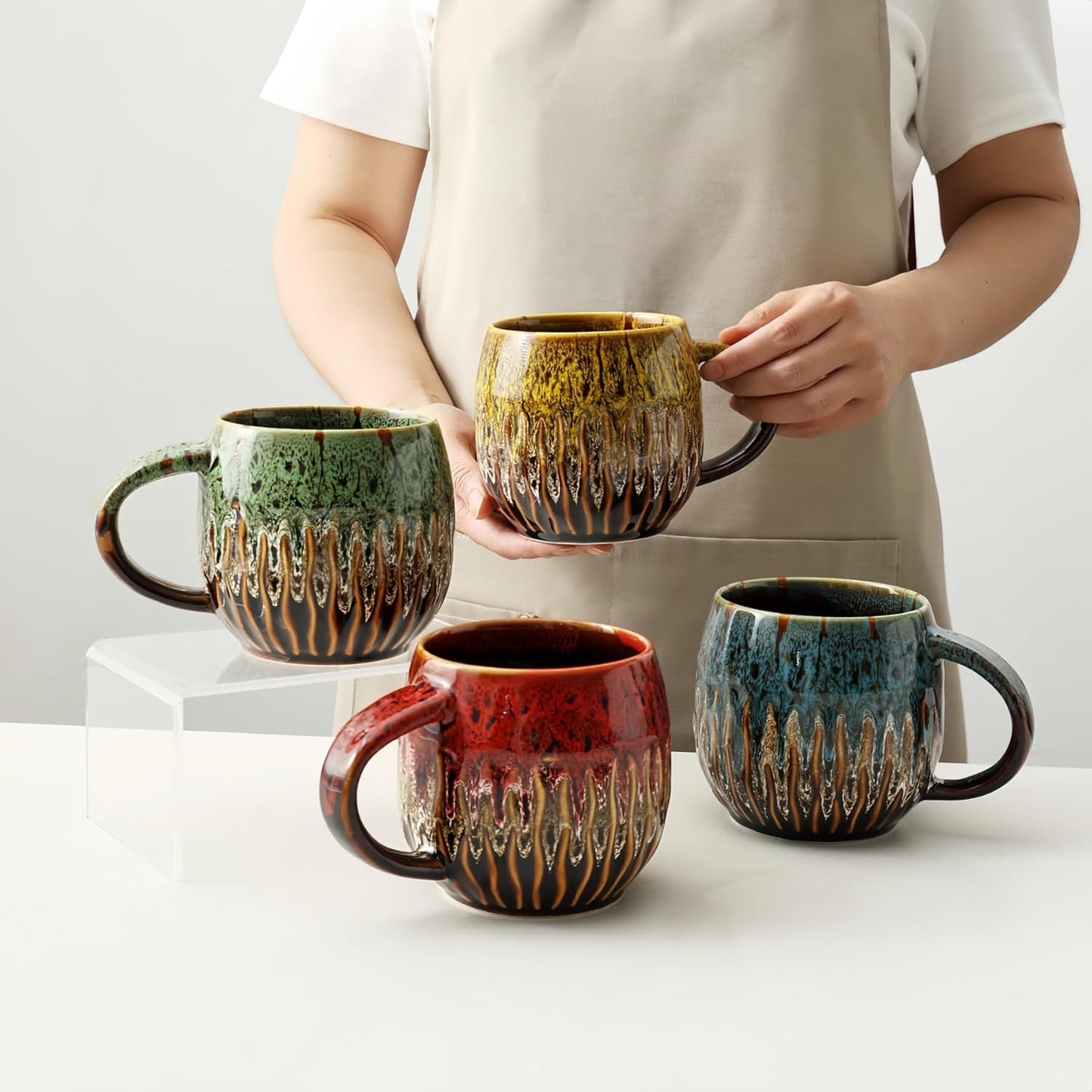 20oz Raku Glaze Coffee Mug - Unique Handcrafted Look Ceramic Cup, Large Tea Mug, Microwave & Dishwasher Safe (red)