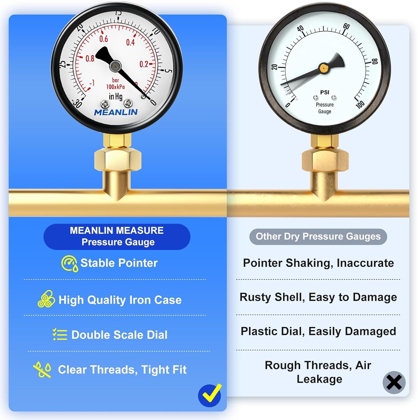 MEANLIN MEASURE -30inHG~0Psi Dry Vacuum Pressure Gauge, 2" DIAL FACE 1/4" NPT WOG Water Oil Air Pressure Test, Lower Mount, with 1/2" NPT and 3/8" NPT Hex Bushing