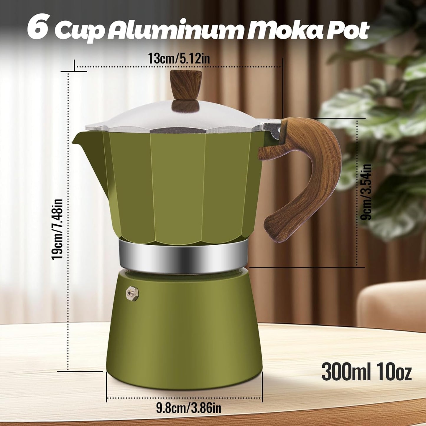 6 Cup Aluminum Moka Pot Classic Stovetop Espresso Coffee Maker 300ml 10oz Coffeemaker Percolator Mocha Pot Greca Coffee Maker Cafe Makers for Italian and Cuban Café Brewing Green