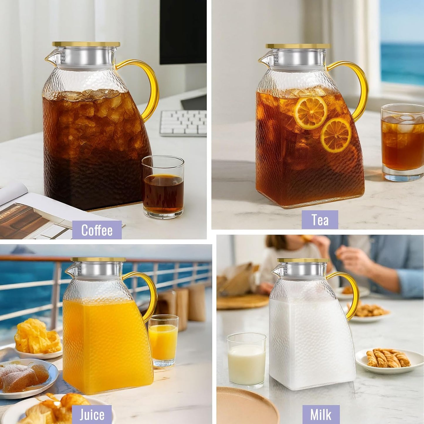 Glass Pitcher With Lid, 2 Liters Glass Pitchers With Handle And Lid, 68 oz Water Pitcher For Fridge, Tea Jug Carafe Jar For Hot/Cold Water Iced Juice Coffee Milk Fruit