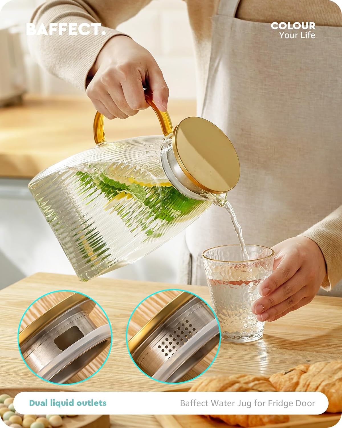 Baffect Water Pitcher, High Borosilicate Glass Jug with Stainless Steel Lid, Leakproof Fridge Door Carafe for Hot or Cold Beverage Vertical Pattern (1.8 L/63 oz.)