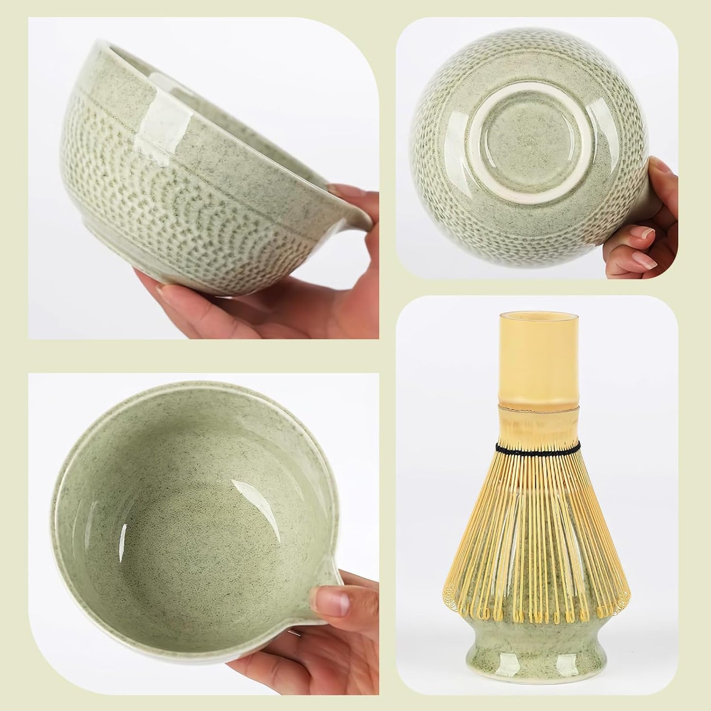 Matcha Whisk Set, Ceramic Matcha Set, Matcha Bowl with Spout, Matcha Whisk & Holder, Sifter and Bamboo Scoop, 5 Pcs Matcha Kit, Matcha Tea Ceremony Gifts for Matcha Lovers & Starter (Matcha Green)