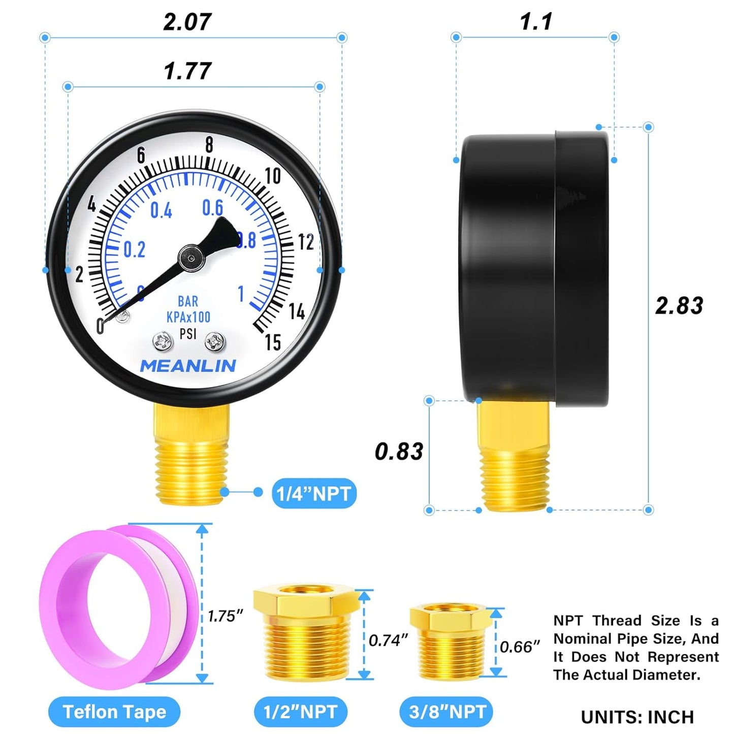 MEANLIN MEASURE 0-15Psi 2" DIAL FACE 1/4" NPT Well Pump Pressure Gauge, with 1/2" NPT and 3/8" NPT Hex Bushing, 3-2-3% Accuracy, Lower Mount